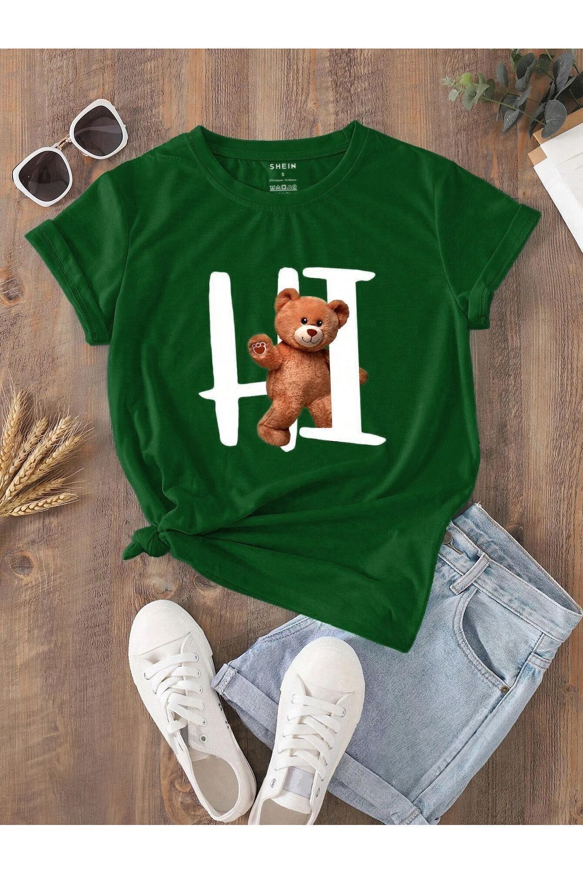 FoxSkin Sportswear&Company Hi Bear Tişört - Nefti Yeşil Baskılı Oversize Yazlık Kısa Kol T-Shirt Bisiklet Yaka