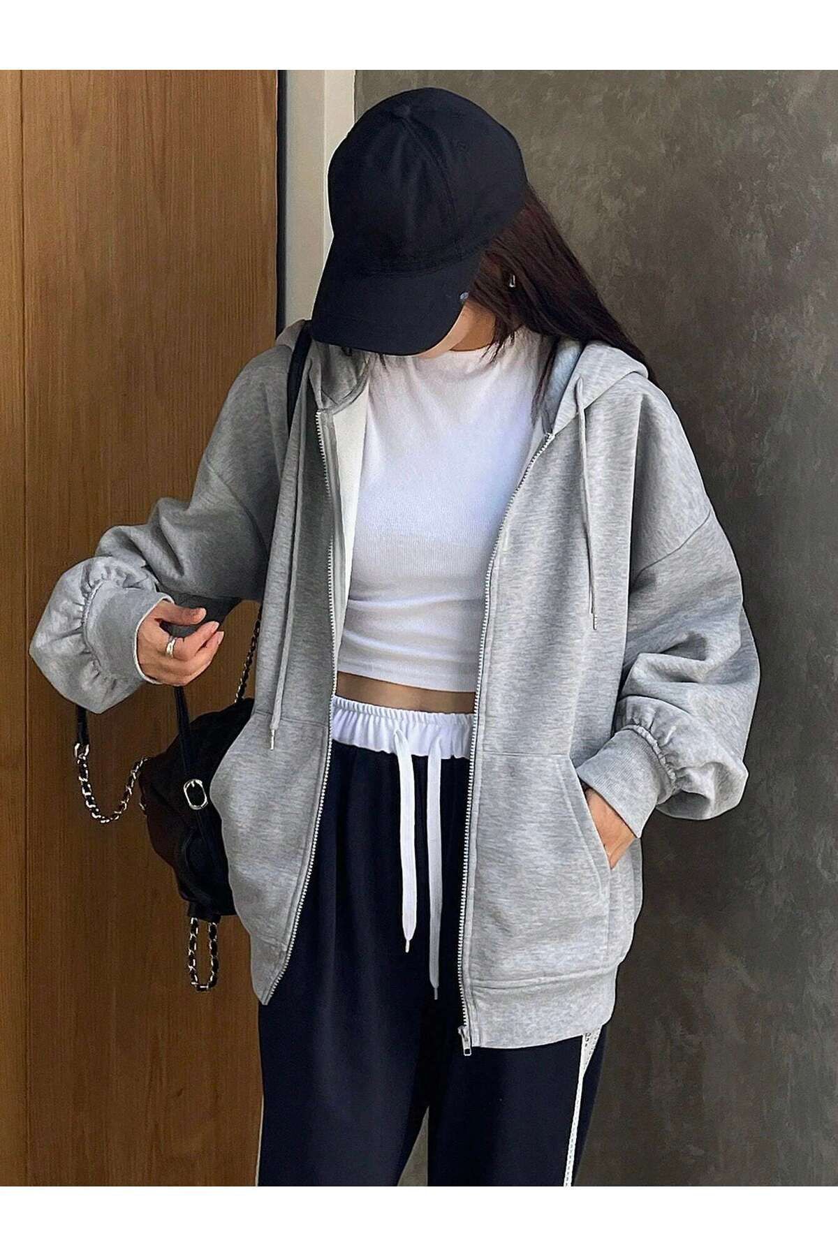 FoxSkin Sportswear&Company Baskısız Fermuarlı Kışlık Hırka - Gri Oversize Şardonlu Kapüşonlu