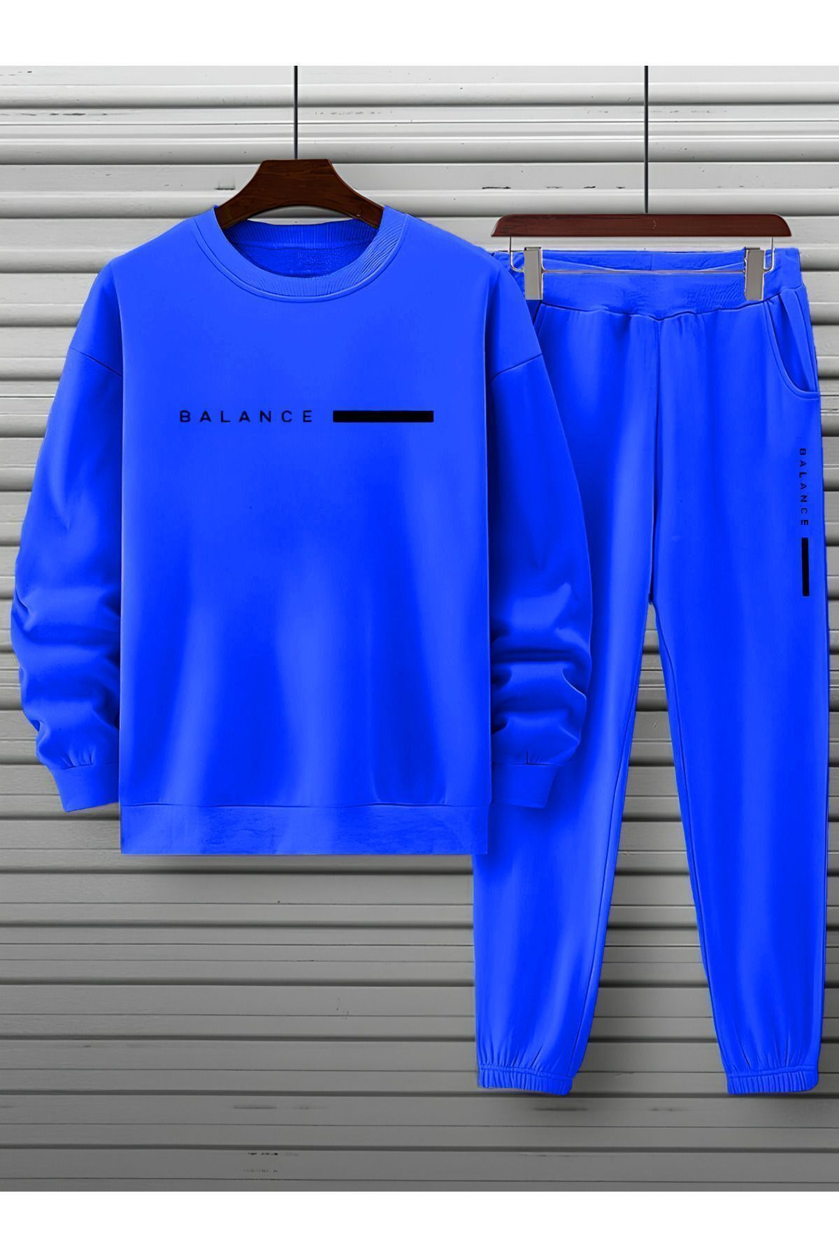 FoxSkin Sportswear&Company Balance Sweatshirt Eşofman Altı Jogger - Sax Mavi Baskılı Eşofman Takımı Bisiklet Yaka