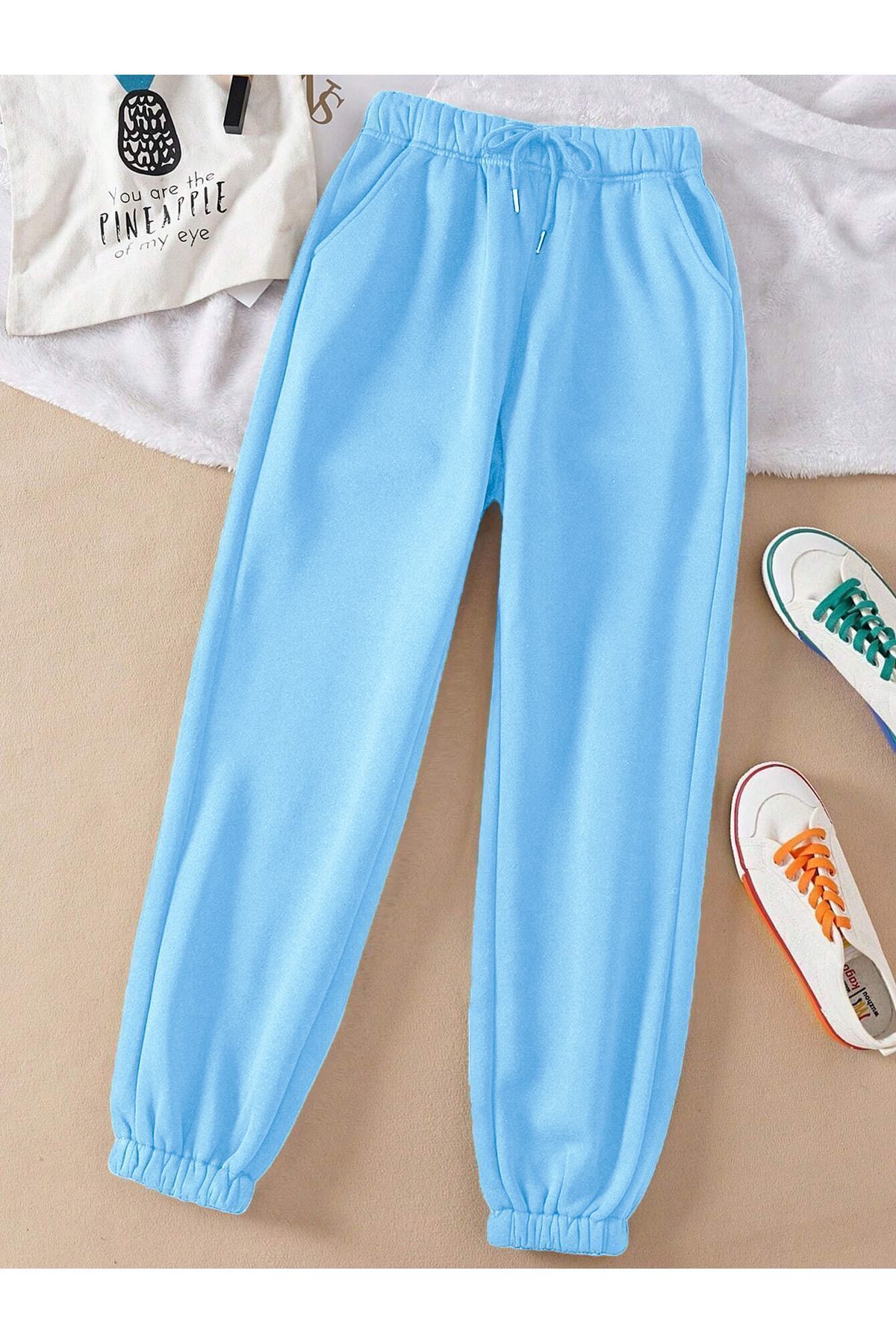 FoxSkin Sportswear&Company Baskısız Eşofman Altı Jogger - Bebe Mavisi Lastik Paça Yüksek Bel Kışlık