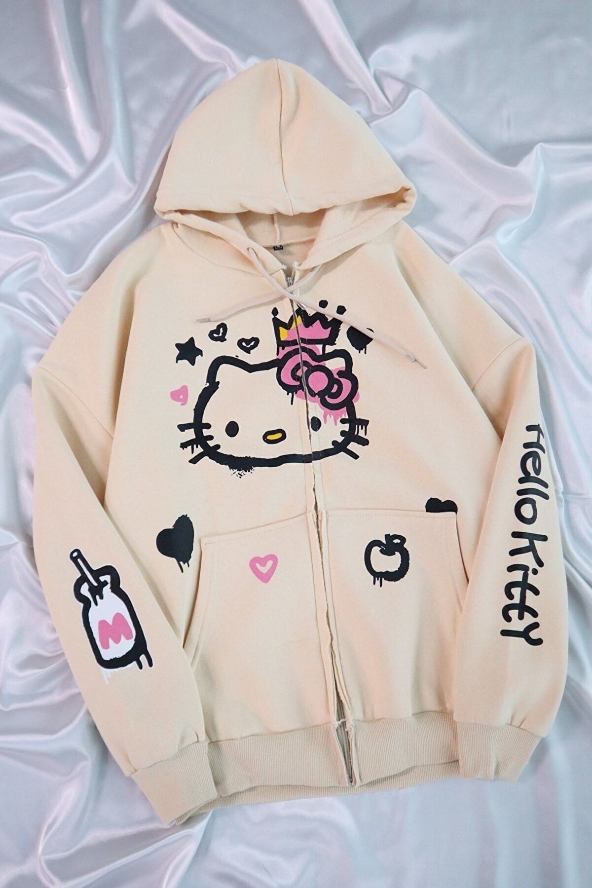 FoxSkin Sportswear&Company Hello Kitty Kışlık Hırka - Bej Baskılı Oversize Şardonlu Kapüşonlu