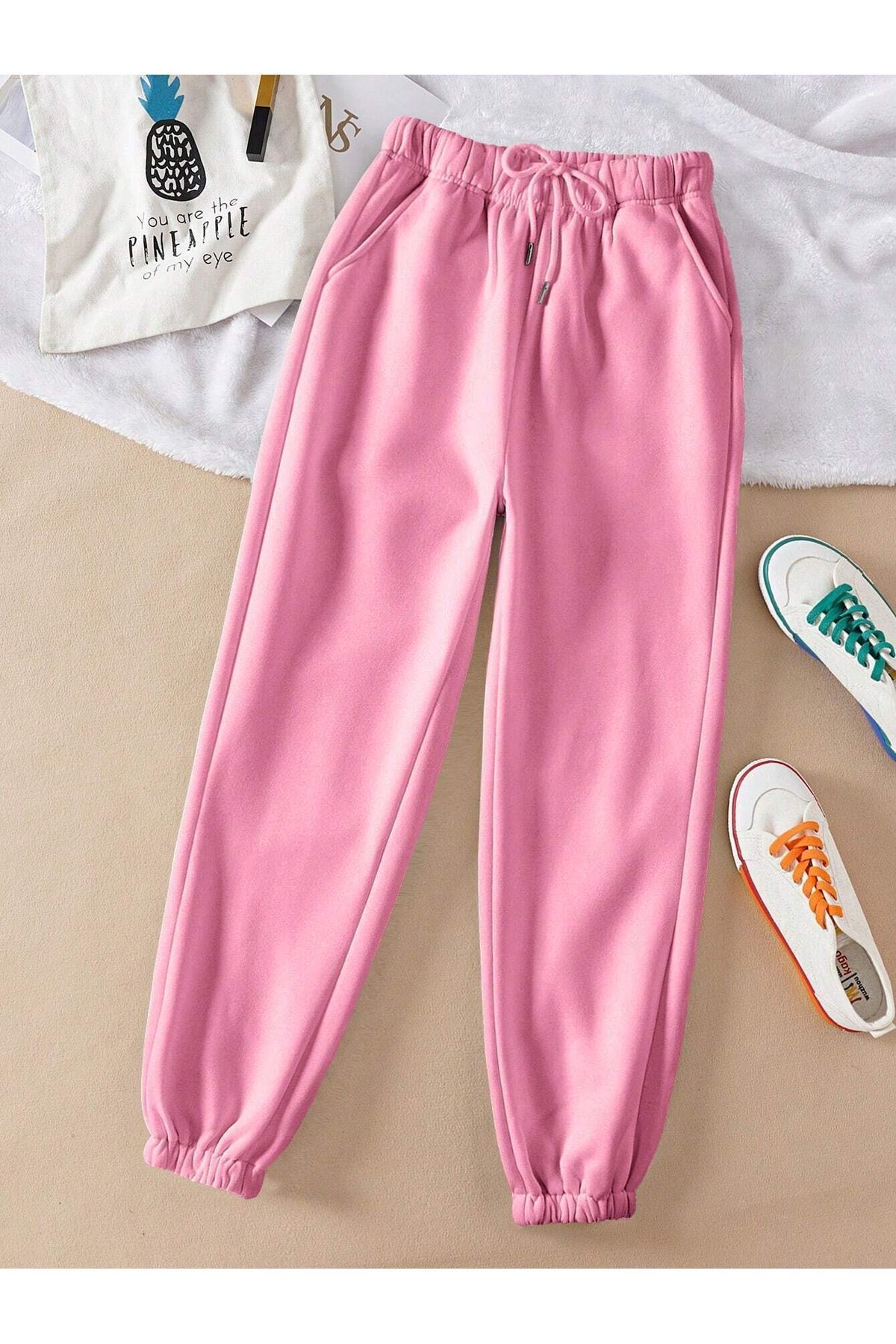 FoxSkin Sportswear&Company Baskısız Eşofman Altı Jogger - Pembe Lastik Paça Yüksek Bel Kışlık