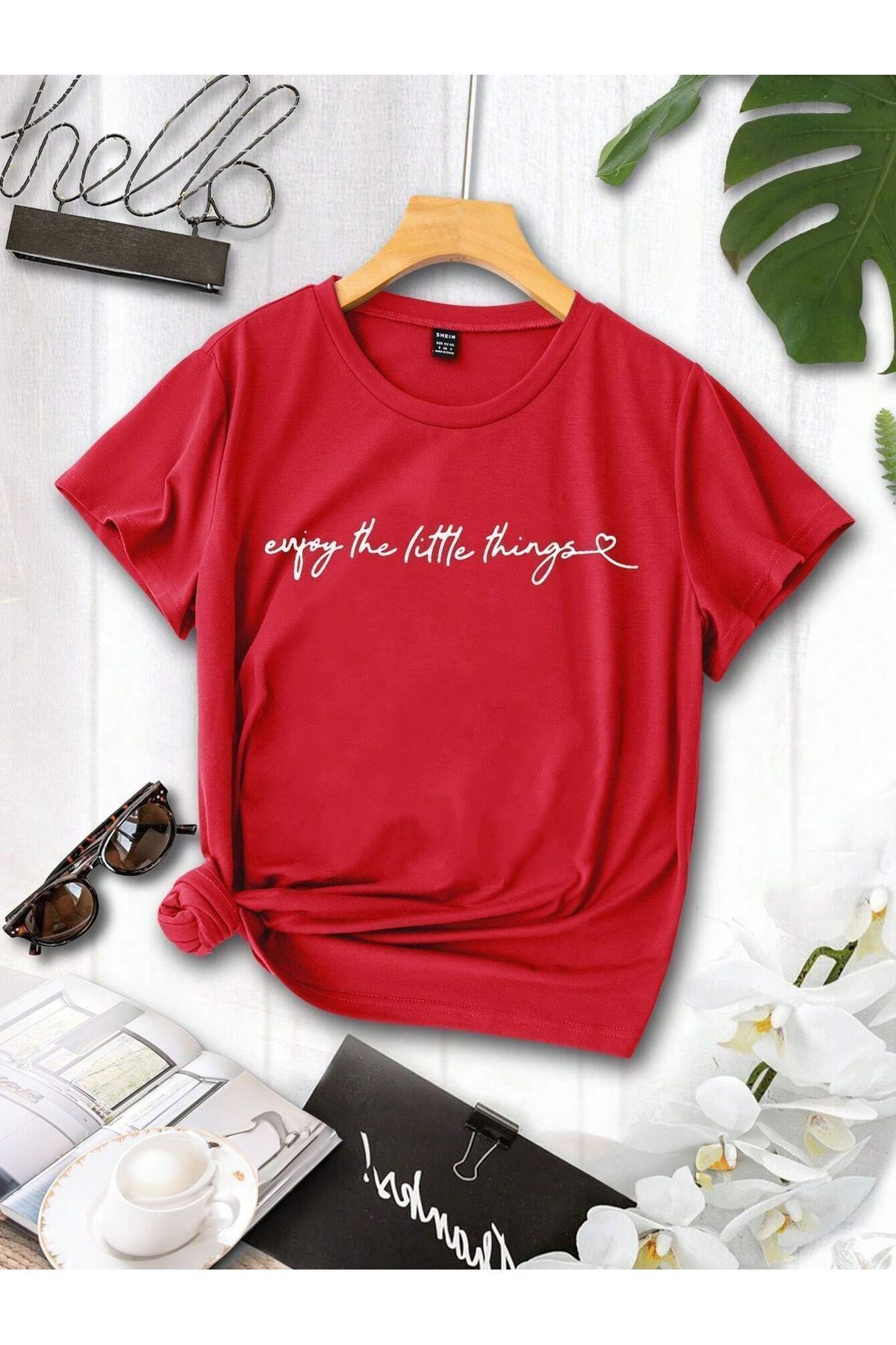 FoxSkin Sportswear&Company Enjoy Little Things Tişört - Kırmızı Baskılı Oversize Yazlık Kısa Kol T-Shirt Bisiklet Yaka