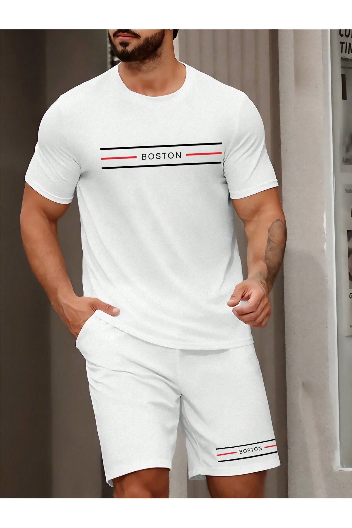 FoxSkin Sportswear&Company Boston Çizgi Tasarım T-Shirt Şort - Beyaz Alt Üst Takım Şort Tişört Kombin Baskılı Bisiklet Yaka