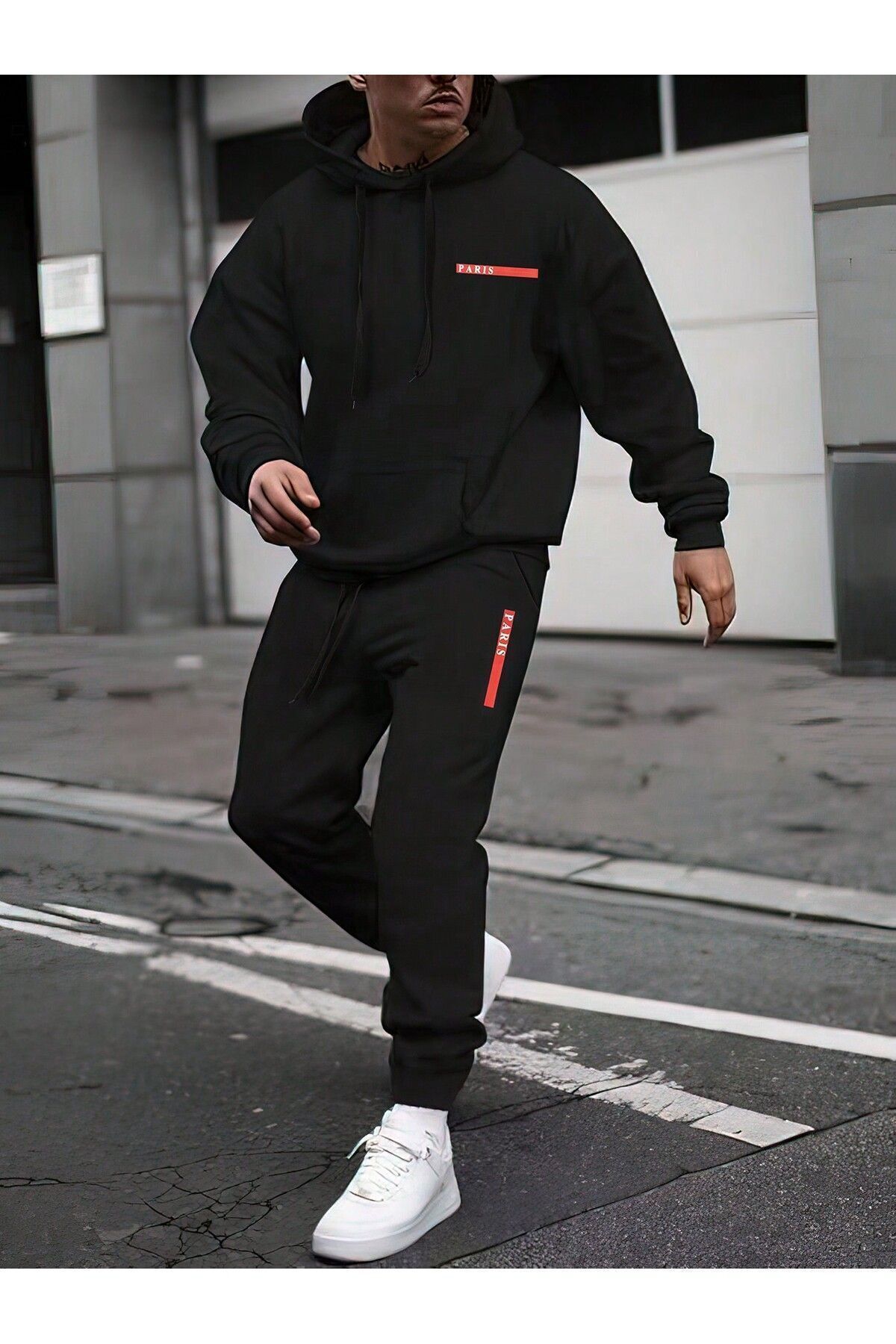 FoxSkin Sportswear&Company Paris kırmızı çizgi Baskılı Erkek Kapüşonlu Alt Üst Eşofman Takımı Lastik Paça