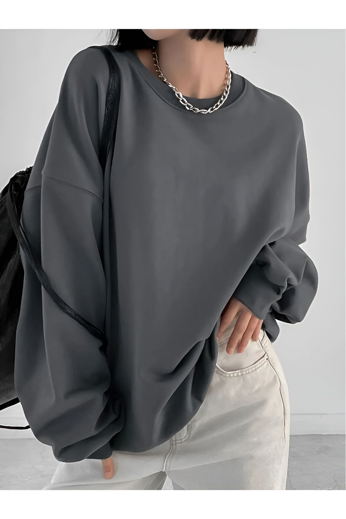 FoxSkin Sportswear&Company Füme Kalın 3 Iplik Pamuklu Şardonlu Bisiklet Yaka Oversize Unısex Sweatshirt