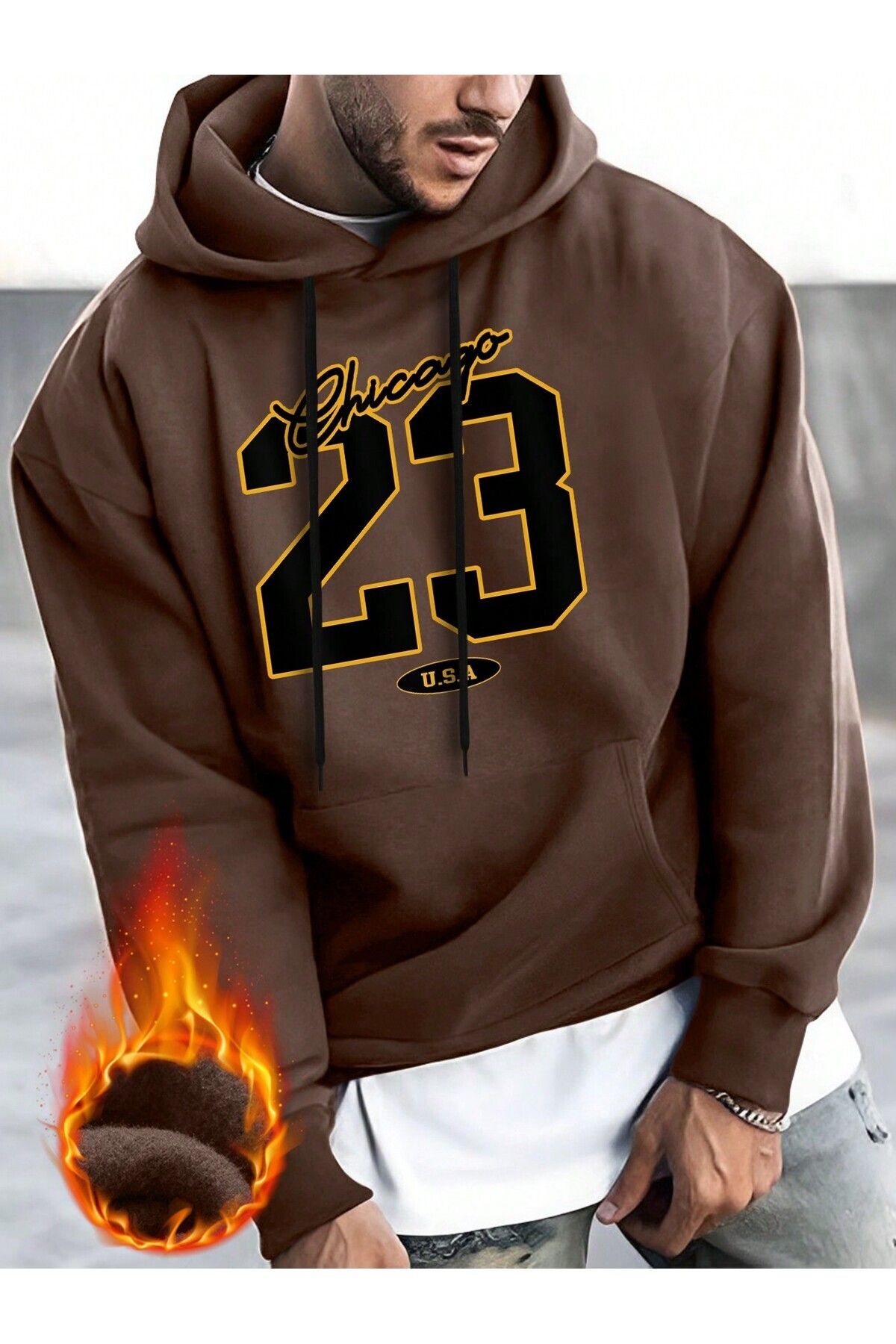 FoxSkin Sportswear&Company 23 Chicago Kalın Kışlık Sweatshirt - Kahverengi Baskılı Oversize Şardonlu Cepli Kapüşonlu