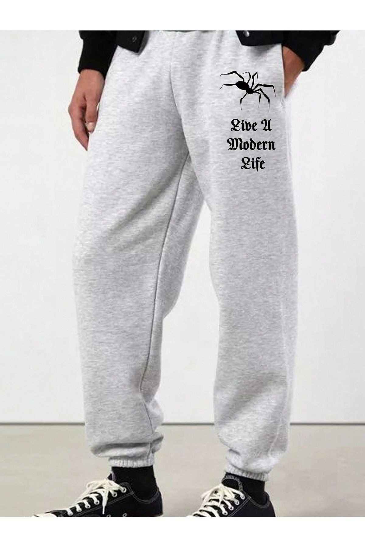 FoxSkin Sportswear&Company Örümcek 21 Eşofman Altı Jogger - Gri Baskılı Lastik Paça Yüksek Bel Kışlık