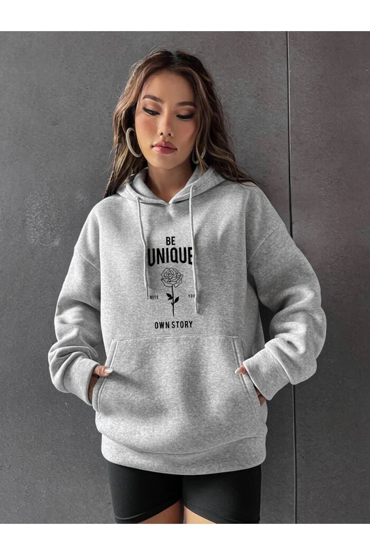 FoxSkin Sportswear&Company Kalın Kışlık UNISEX Gri Unıque Baskılı 3 Iplik Şardonlu Kapüşonlu Oversize Hoodie Sweatshirt