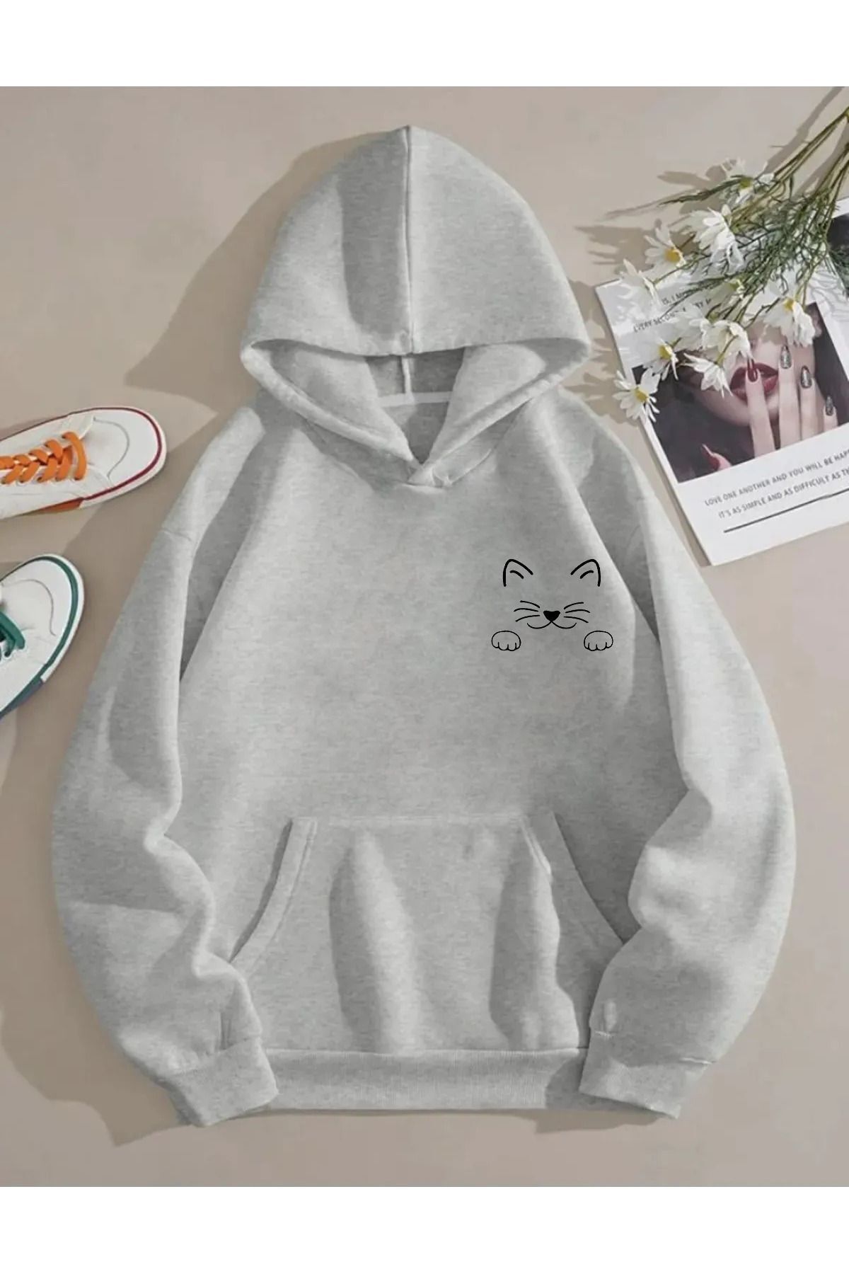 FoxSkin Sportswear&Company UNISEX CAT Baskılı Kapüşonlu Oversıze Sweatshirt Hoodie
