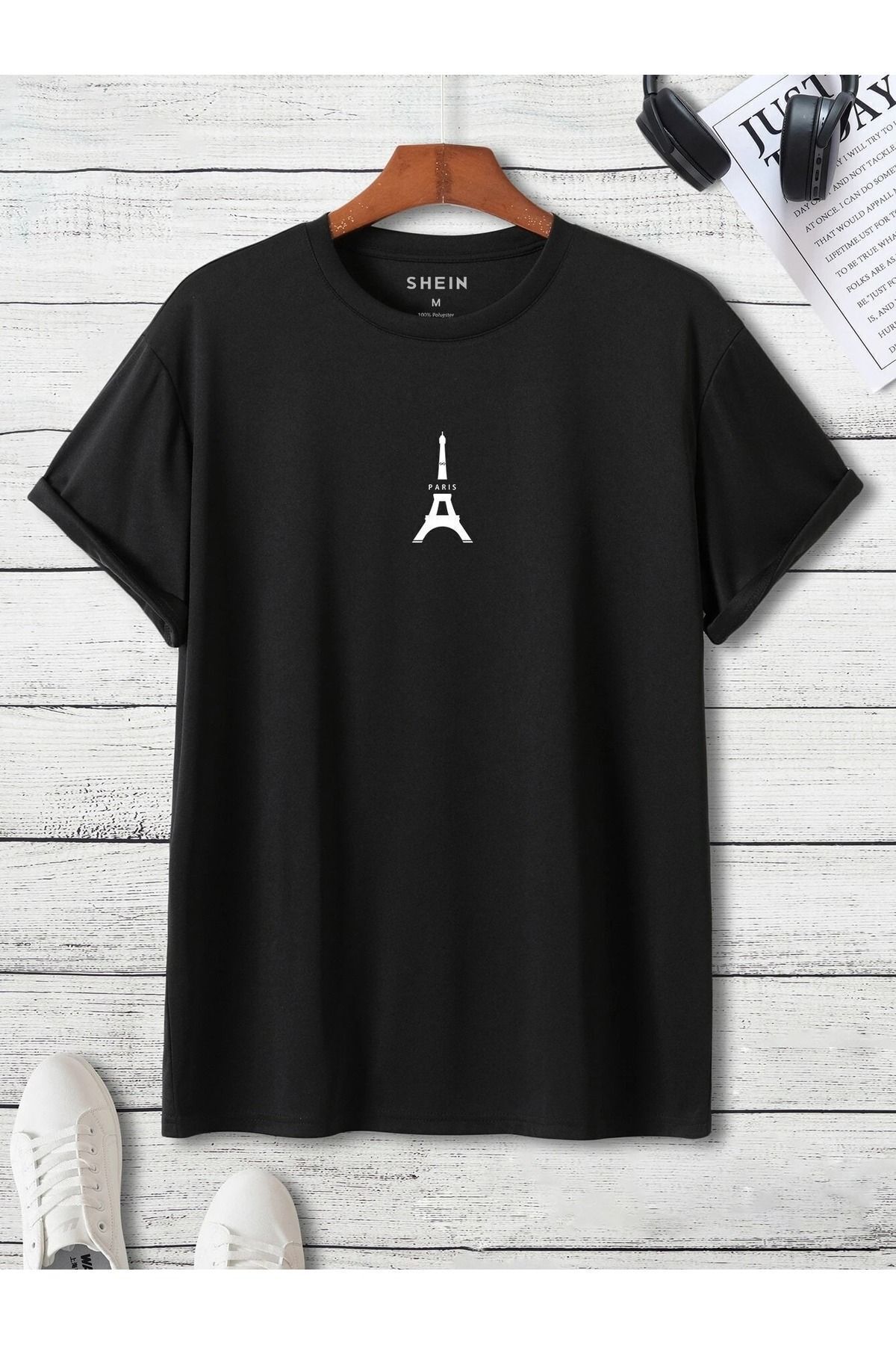 FoxSkin Sportswear&Company Eyfel Paris Tişört - Siyah Baskılı Oversize Yazlık Kısa Kol T-CCK1hirt Bisiklet Yaka