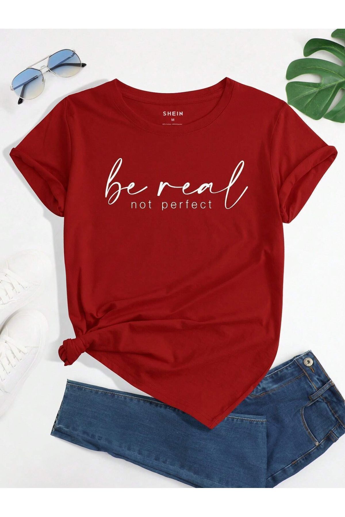 FoxSkin Sportswear&Company Be Real Tişört - Kırmızı Baskılı Oversize Yazlık Kısa Kol T-Shirt Bisiklet Yaka