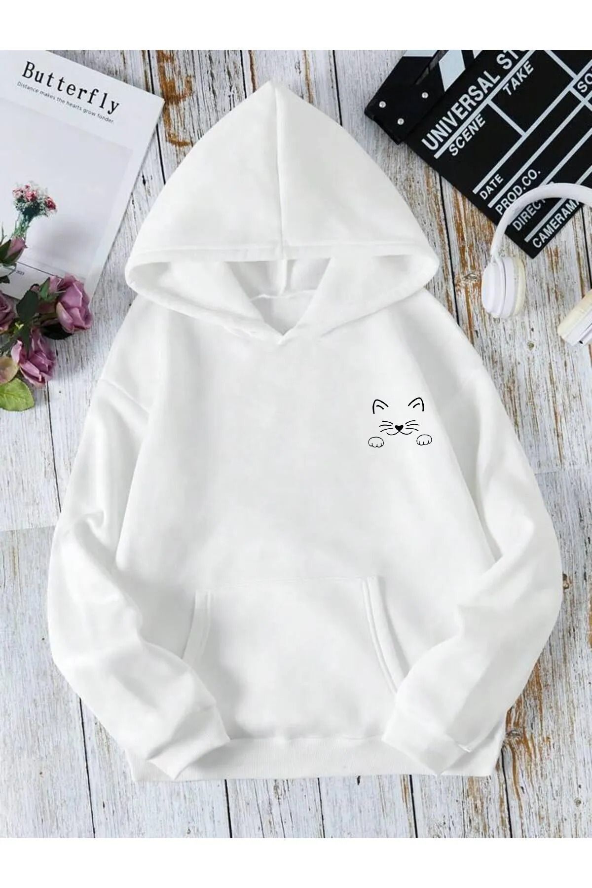FoxSkin Sportswear&Company UNISEX CAT Baskılı Kapüşonlu Oversıze Sweatshirt Hoodie