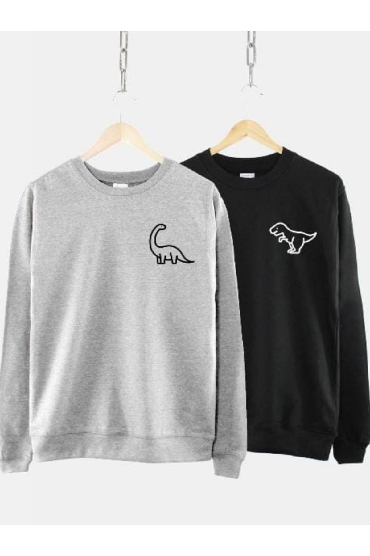 FoxSkin Sportswear&Company 2'Li Dinazorlar Sevgili Kombin Sweatshirt - Gri Siyah Baskılı Oversize Şardonlu Bisiklet Yaka