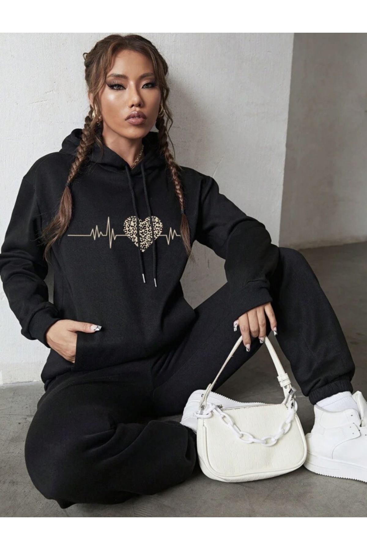 FoxSkin Sportswear&Company Siyah Kalp Ritim Baskılı Oversize Kapüşonlu Alt Üst Eşofman Takımı Lastik Paça