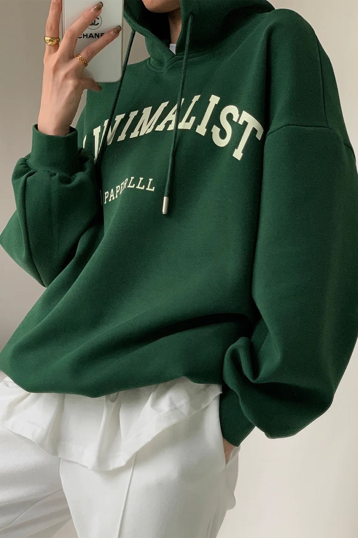 FoxSkin Sportswear&Company Minimalist Desen Kalın Kışlık Sweatshirt - Nefti Yeşil Baskılı Oversize Şardonlu Kapüşonlu