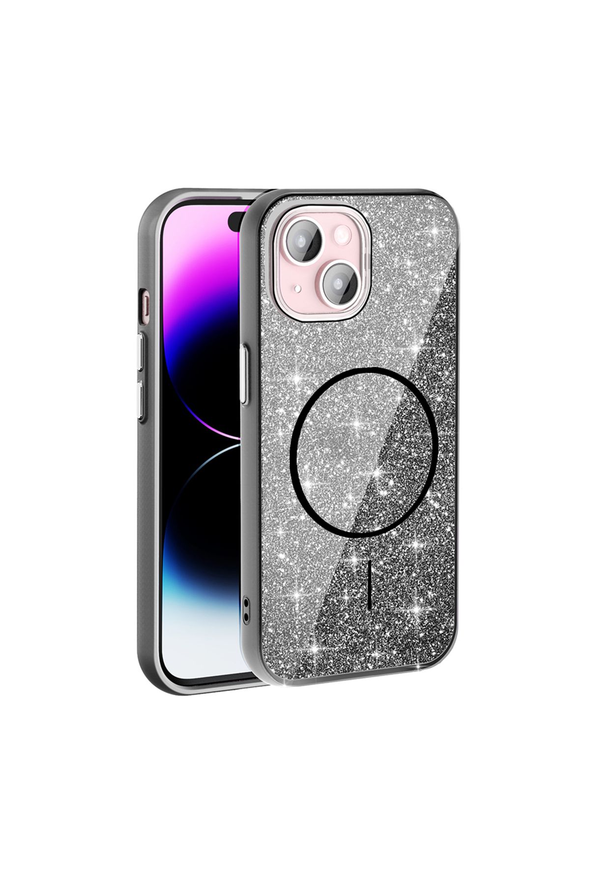 Starkit iPhone 15 Pro Max Kılıf Magsafe Şarj Özellikli Simli Parlak - Siyah