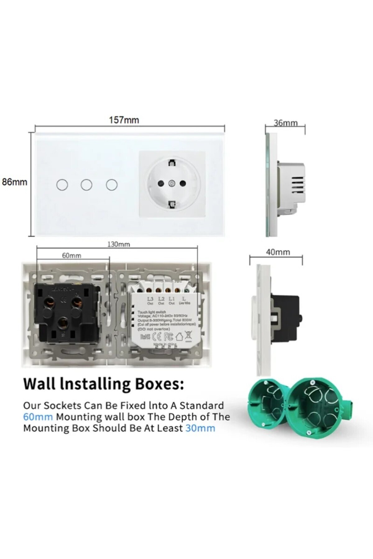 iUni-Triple touch switch and socket, tempered glass frame, iUni 3Y, LED 9