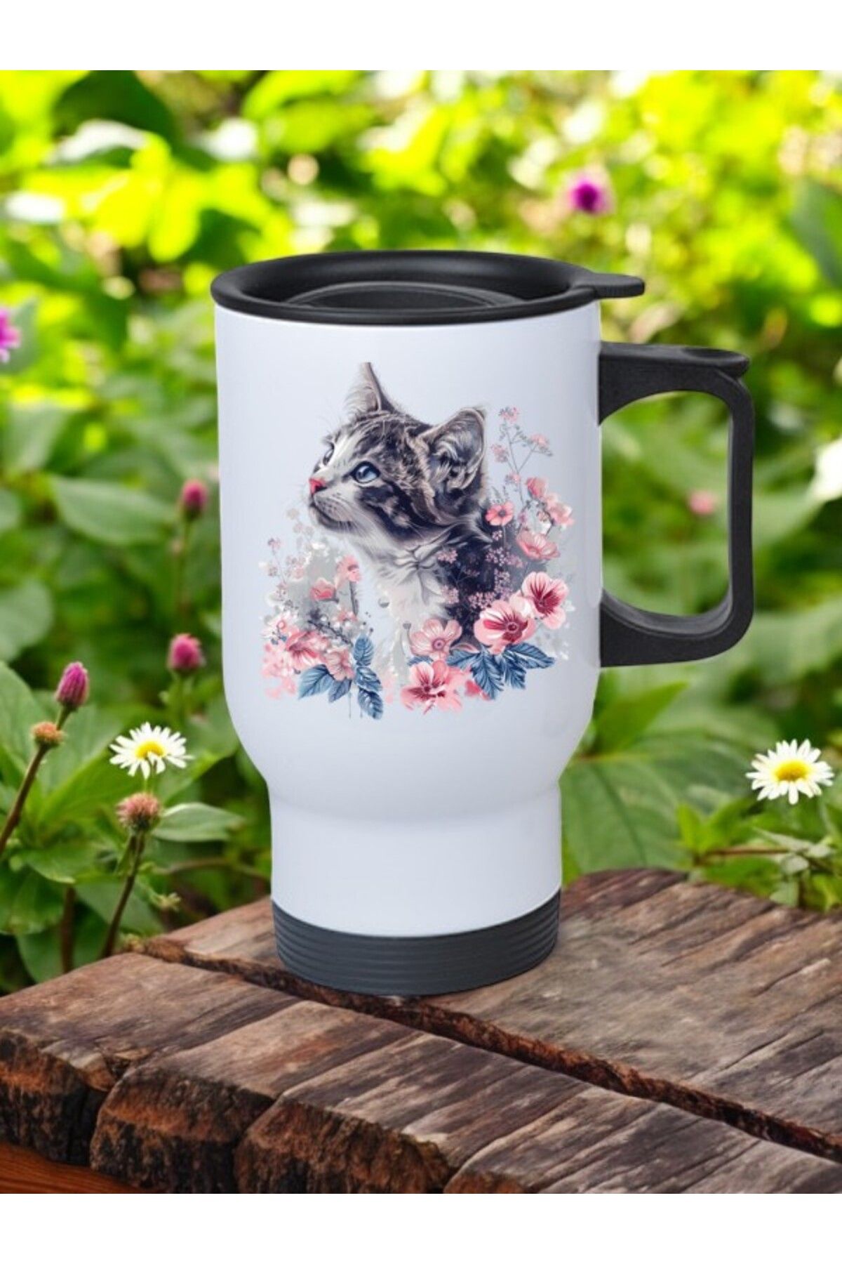 lili hediyelik Çiçekler İçinde Kedi Baskılı Kulplu Çelik Bardak Termos 450 ml