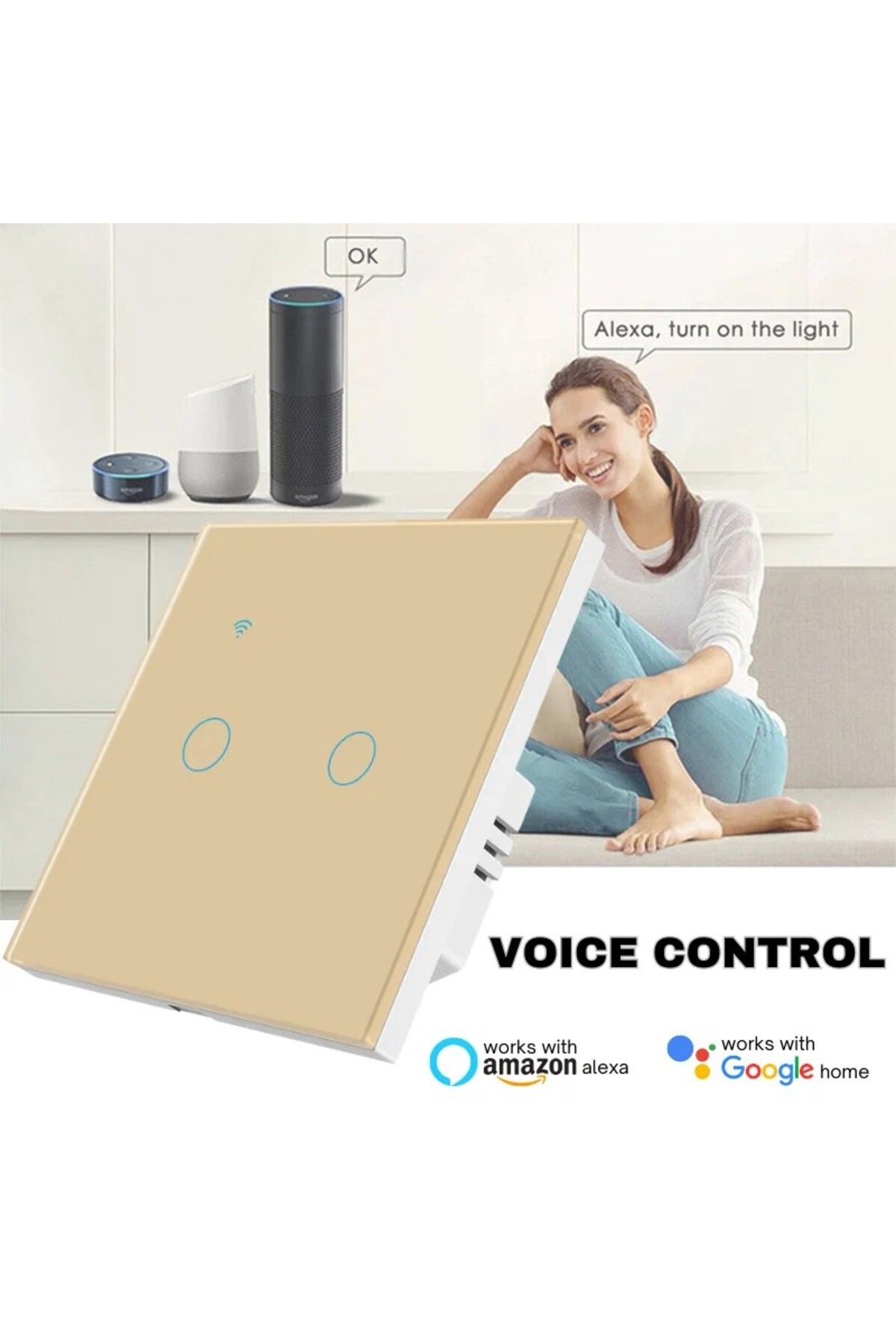 iUni-Întrerupător tactil inteligent, WiFi, Sticlă securizată, iUni 2G, 10A, Control vocal, Smart Life / Tuya, LED, Auriu 7