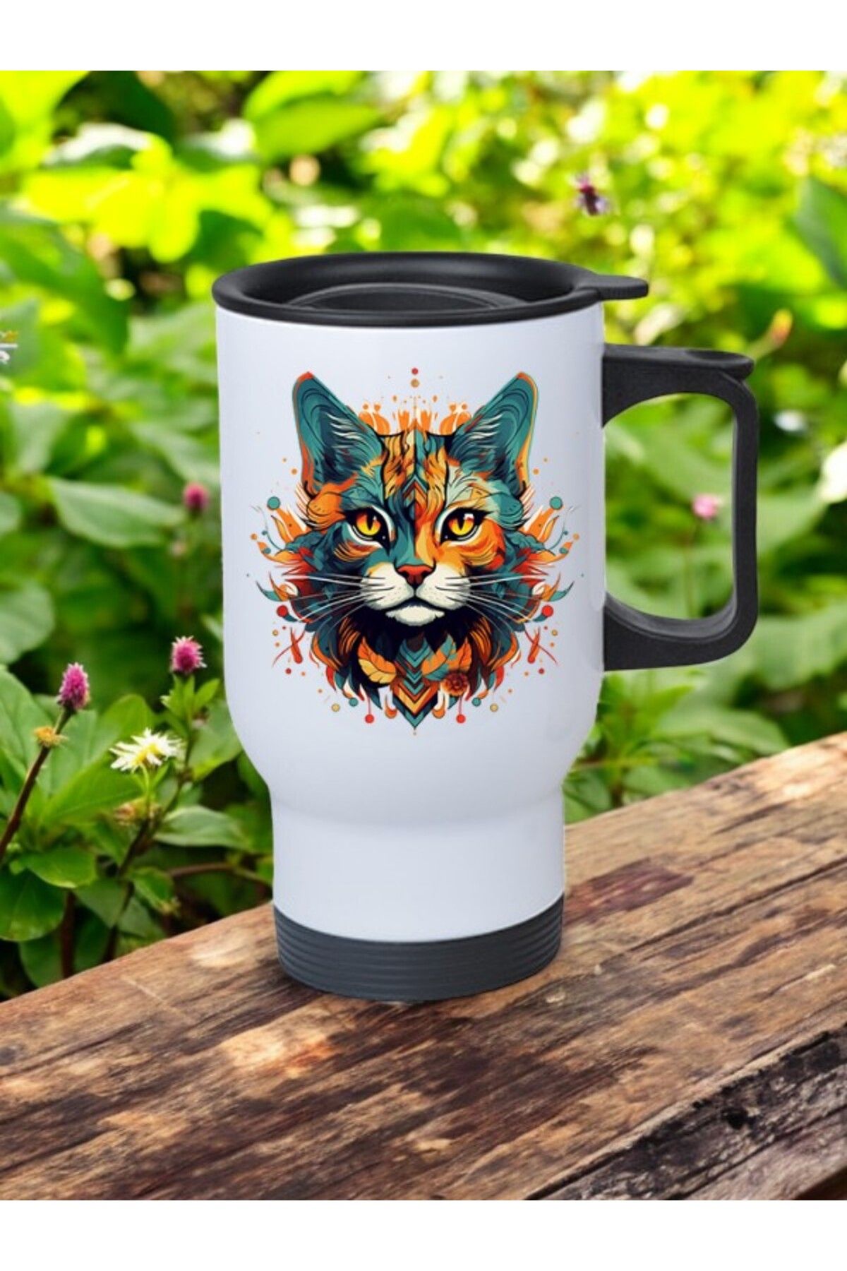 lili hediyelik Alevli Kedi Baskılı Kuplu Çelik Termo 450 ml