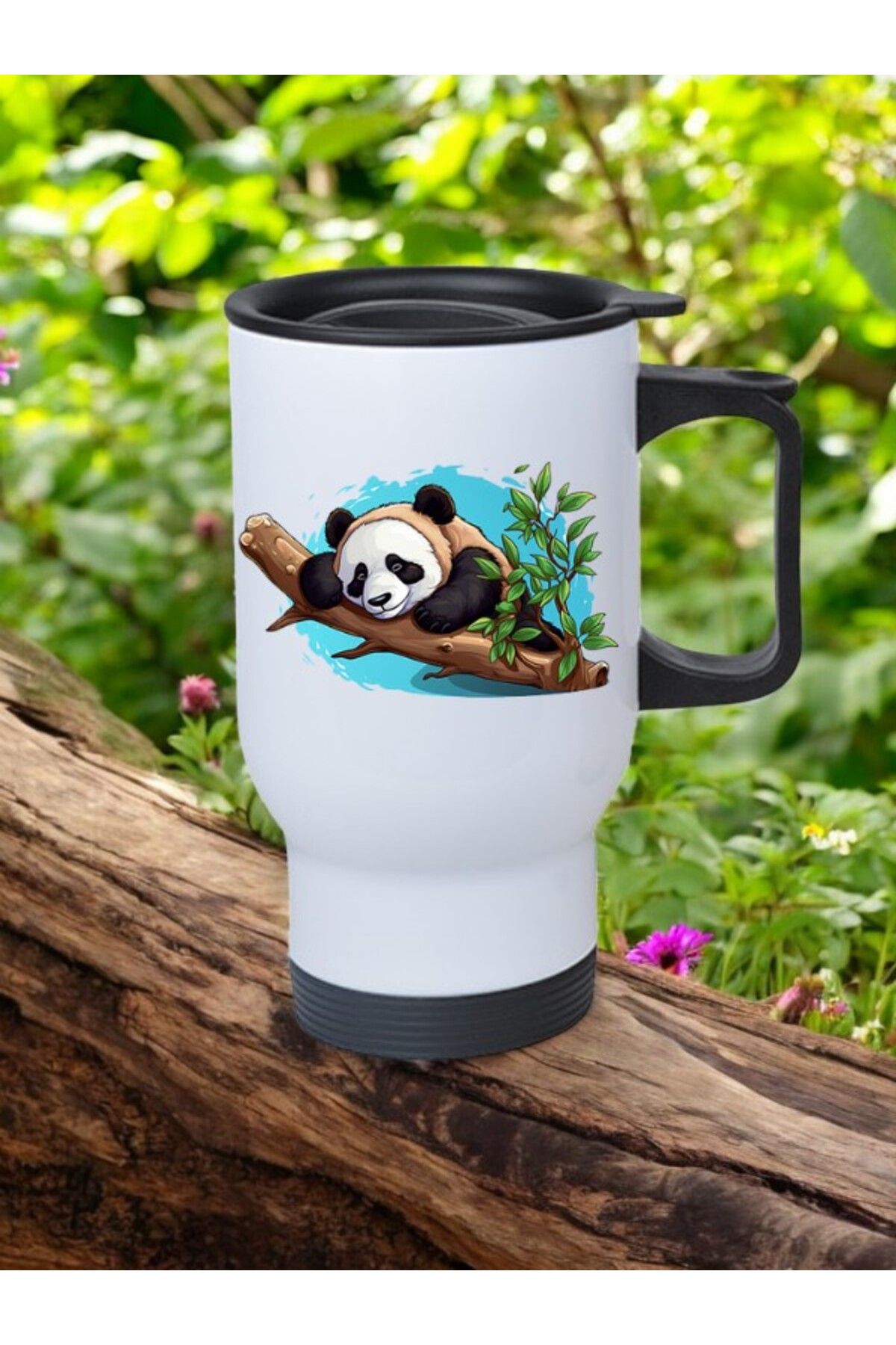 lili hediyelik Daldaki Panda Baskılı Kulplu Çelik Bardak Termos 450 ml