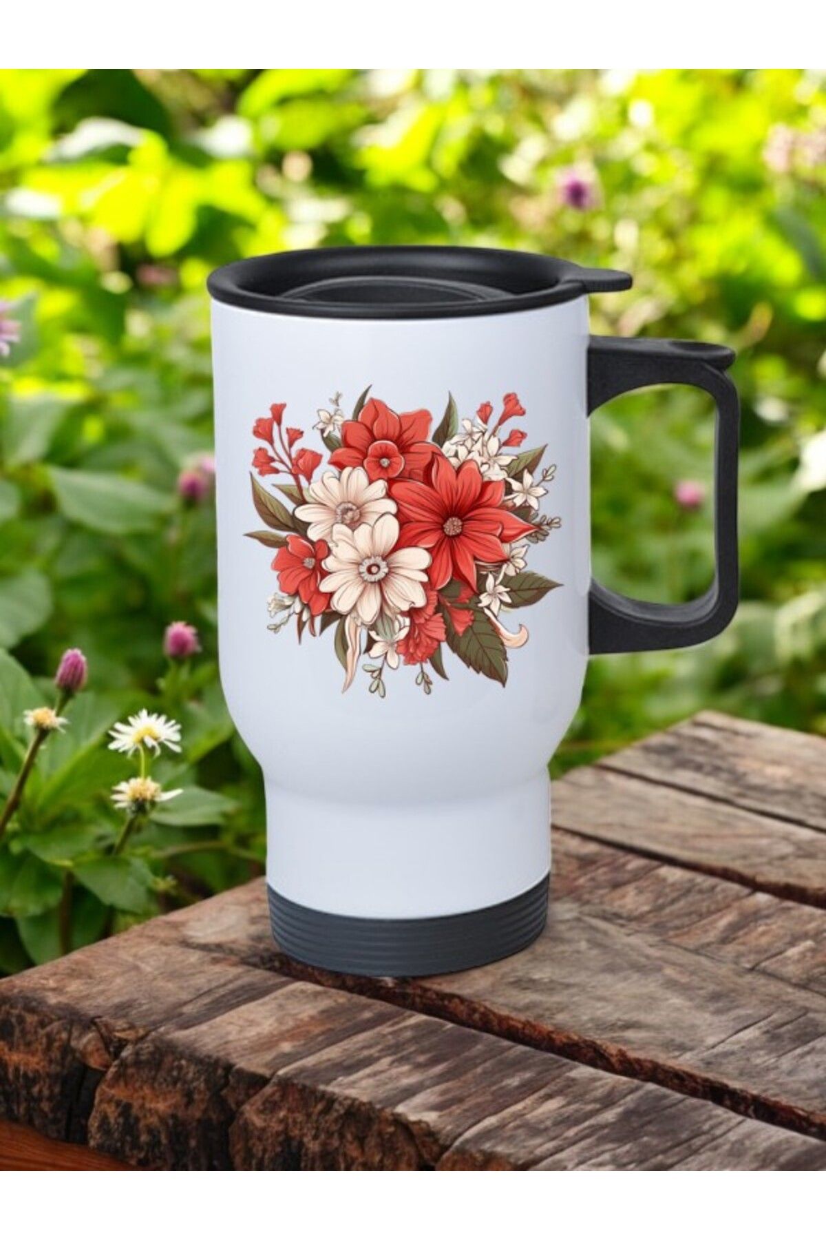 lili hediyelik Çiçekler Temalı Kulplu Çelik Bardak Termos 450 ml