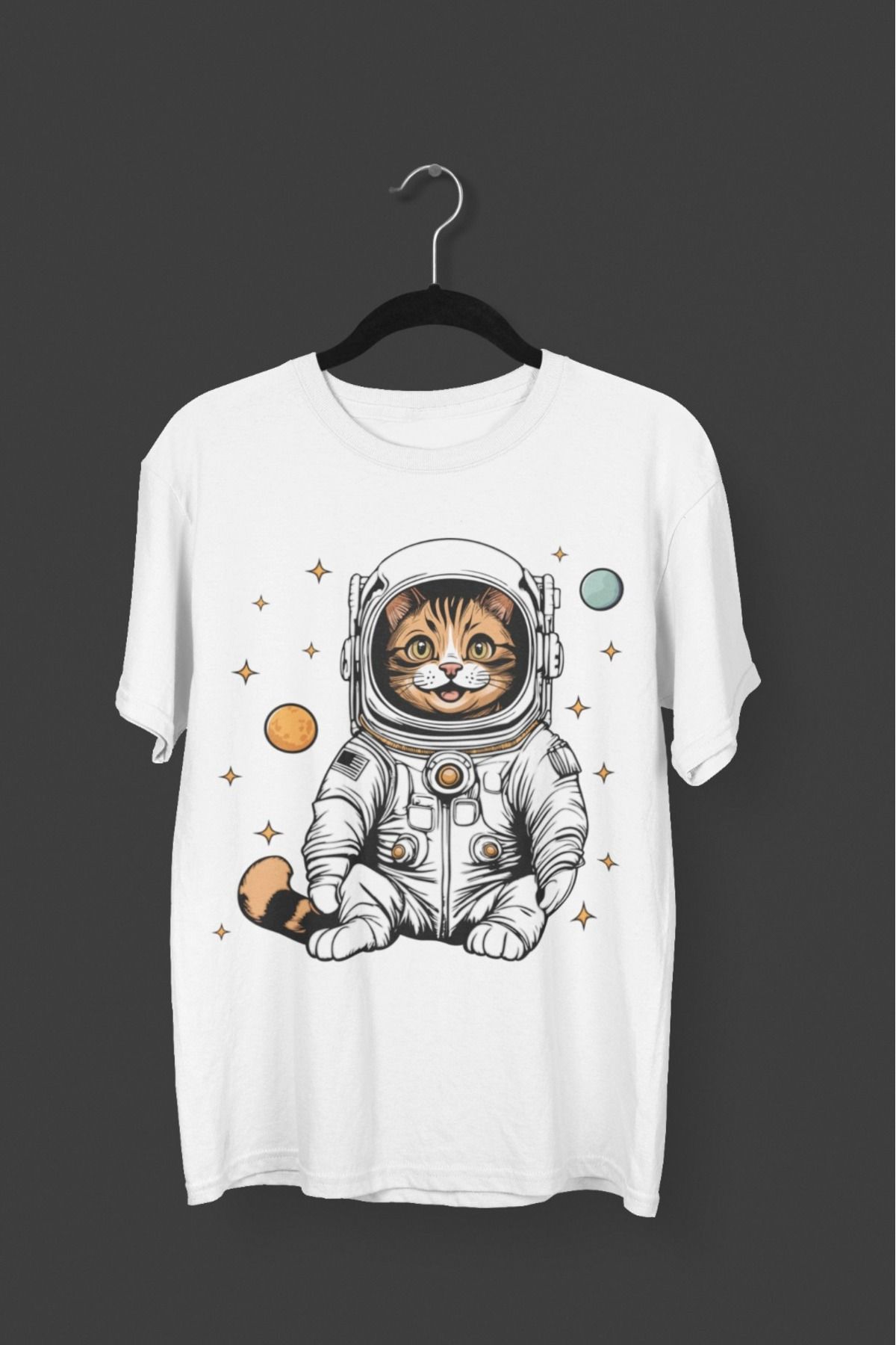 Butik ERKEK/KADIN -ASTRONOT KEDİ - TRANSFER BASKILI YUVARLAK YAKA KISA KOL TİŞÖRT