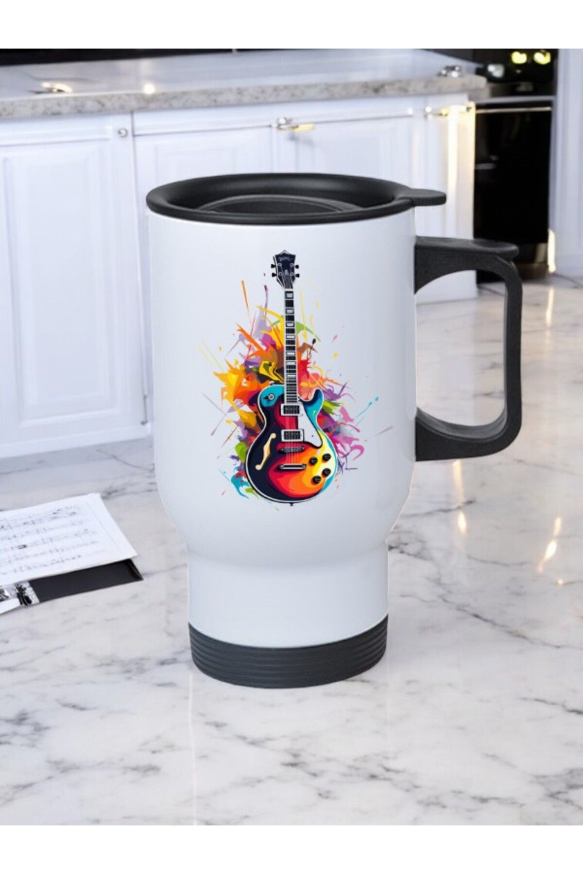 lili hediyelik Gitar Baskılı Kulplu Çelik Bardak Termos 450 ml
