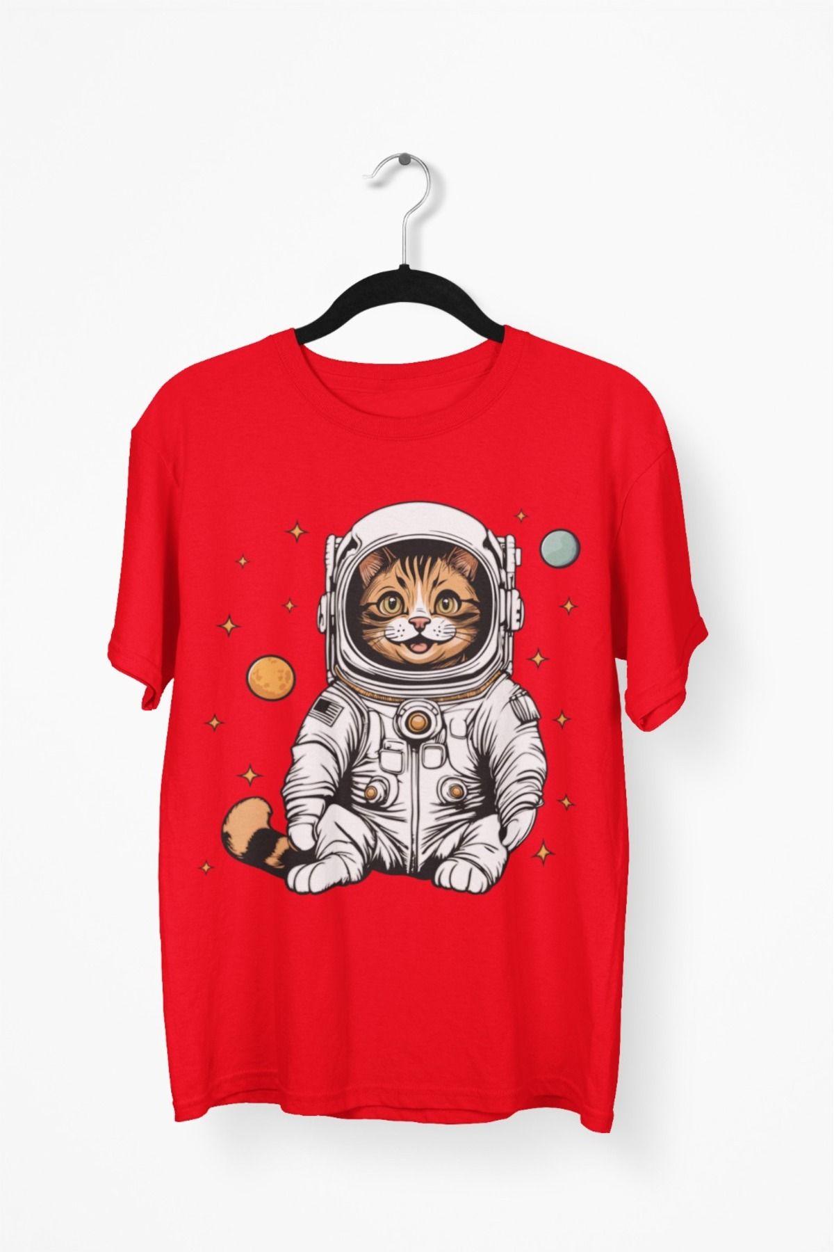 Butik ERKEK/KADIN -ASTRONOT KEDİ - TRANSFER BASKILI YUVARLAK YAKA KISA KOL TİŞÖRT