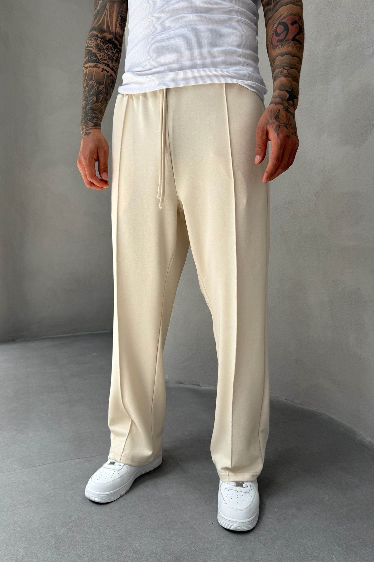MADZEYMODA Erkek Baggy Kalıp Çima Detaylı Likralı Bej Jogger Pantolon KE-5063