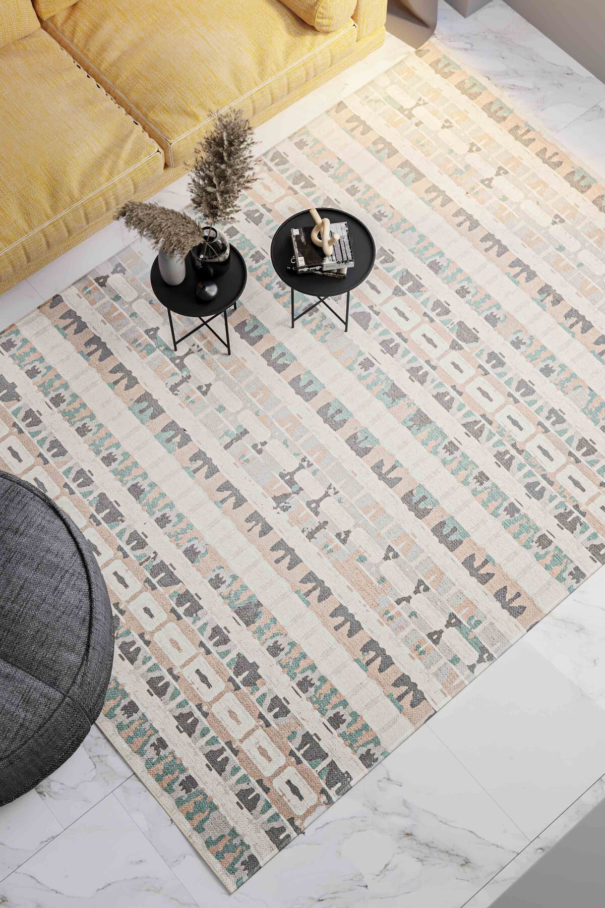 Serente Home İskandinav Çizgi Desenli Yıkanabilir Kaymaz Taban Şönil Krem Turuncu Salon Halısı 4164