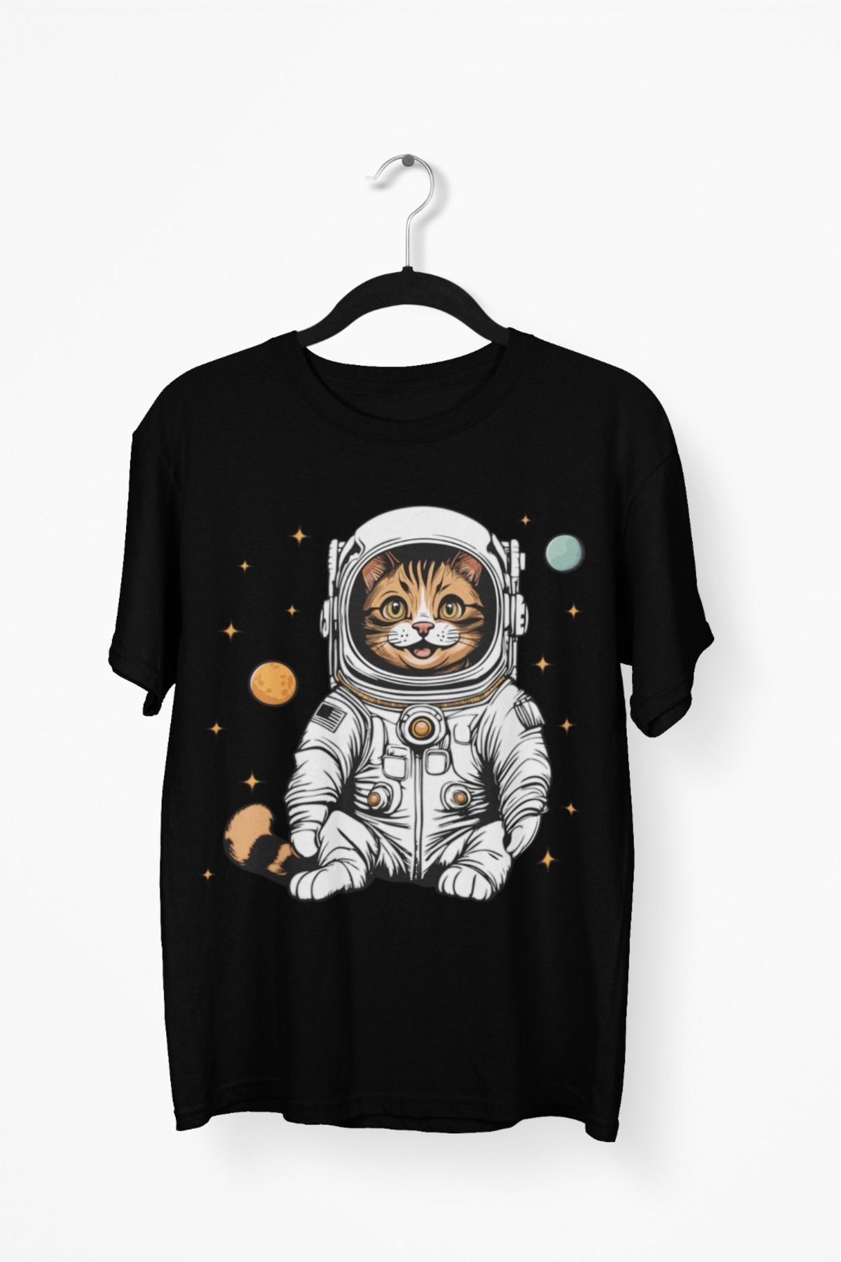 Butik ERKEK/KADIN -ASTRONOT KEDİ - TRANSFER BASKILI YUVARLAK YAKA KISA KOL TİŞÖRT