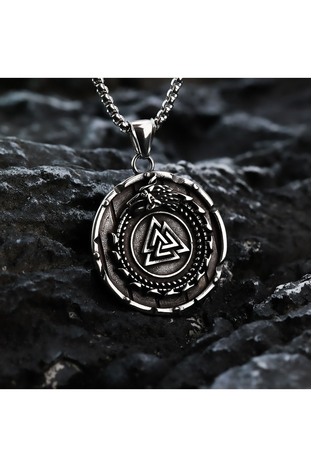 Viking Pusulası Valknut Dragon İskandinav Mitolojisi Çift Yüzlü Madalyon 316L Çelik Kolye