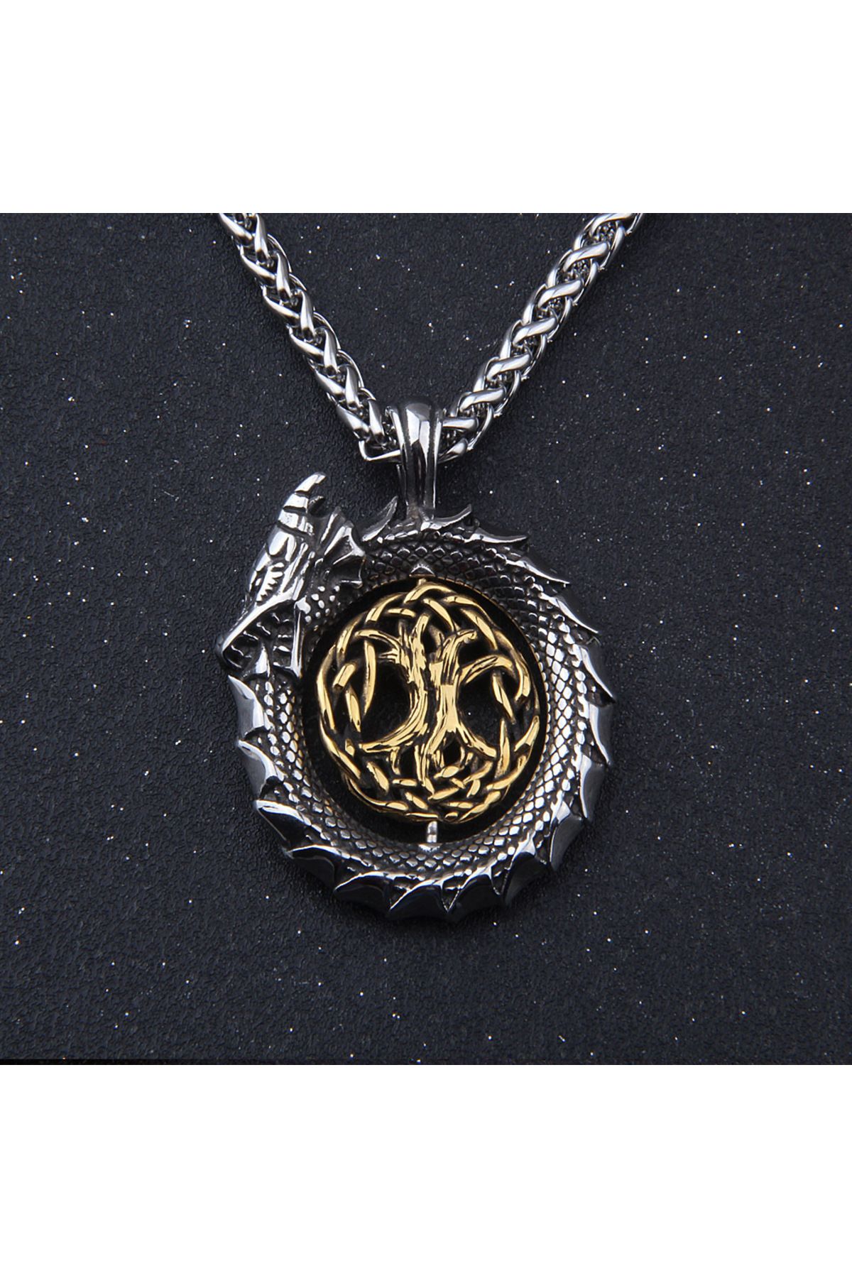 Viking Yaşam Ağacı Ouroboros Ejderha Dönen Madalyon İskandinav Mitolojisi 316L Çelik Kolye