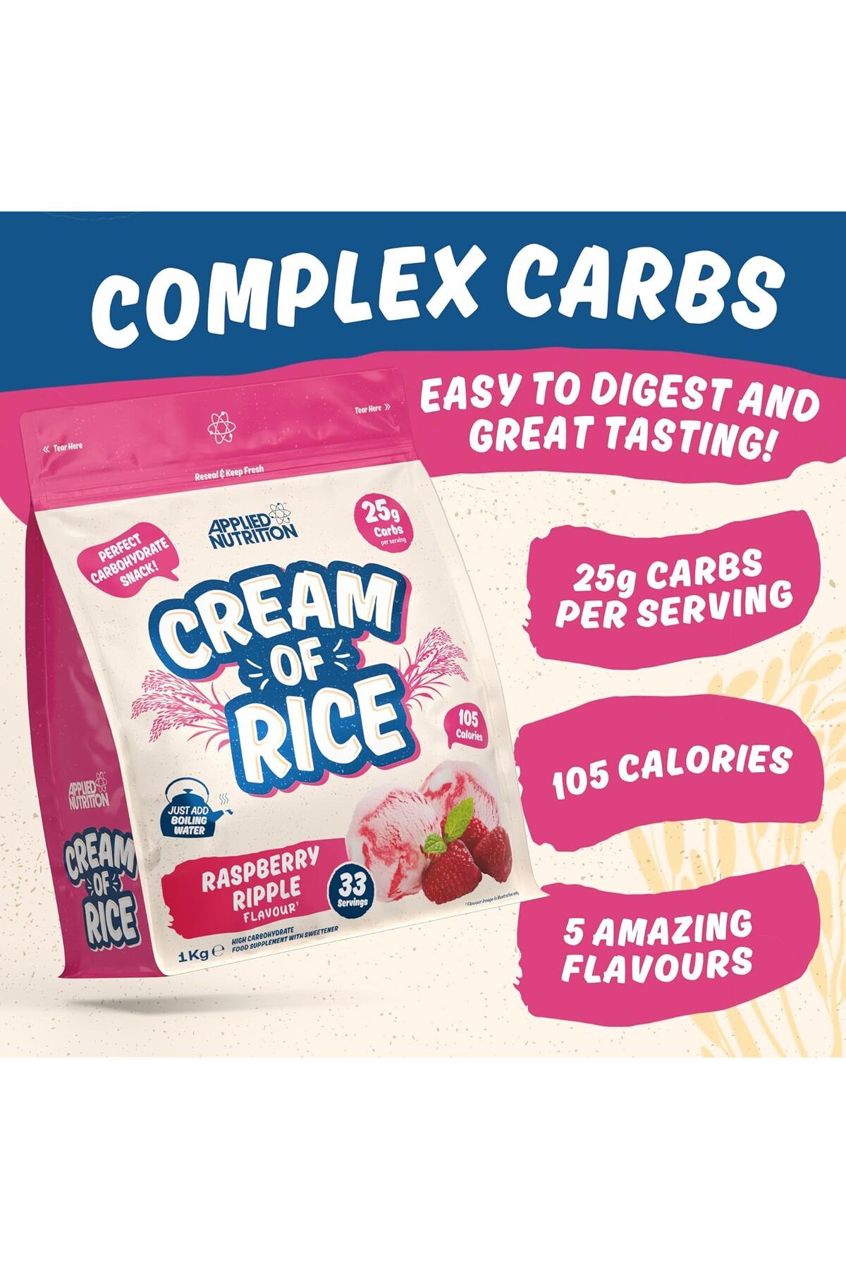 applied nutrition-Cream Of Rice, Raspberry Ripple, 1 Kg | High Carbohydrate | Source Of Energy For Breakfast & Snacks 2