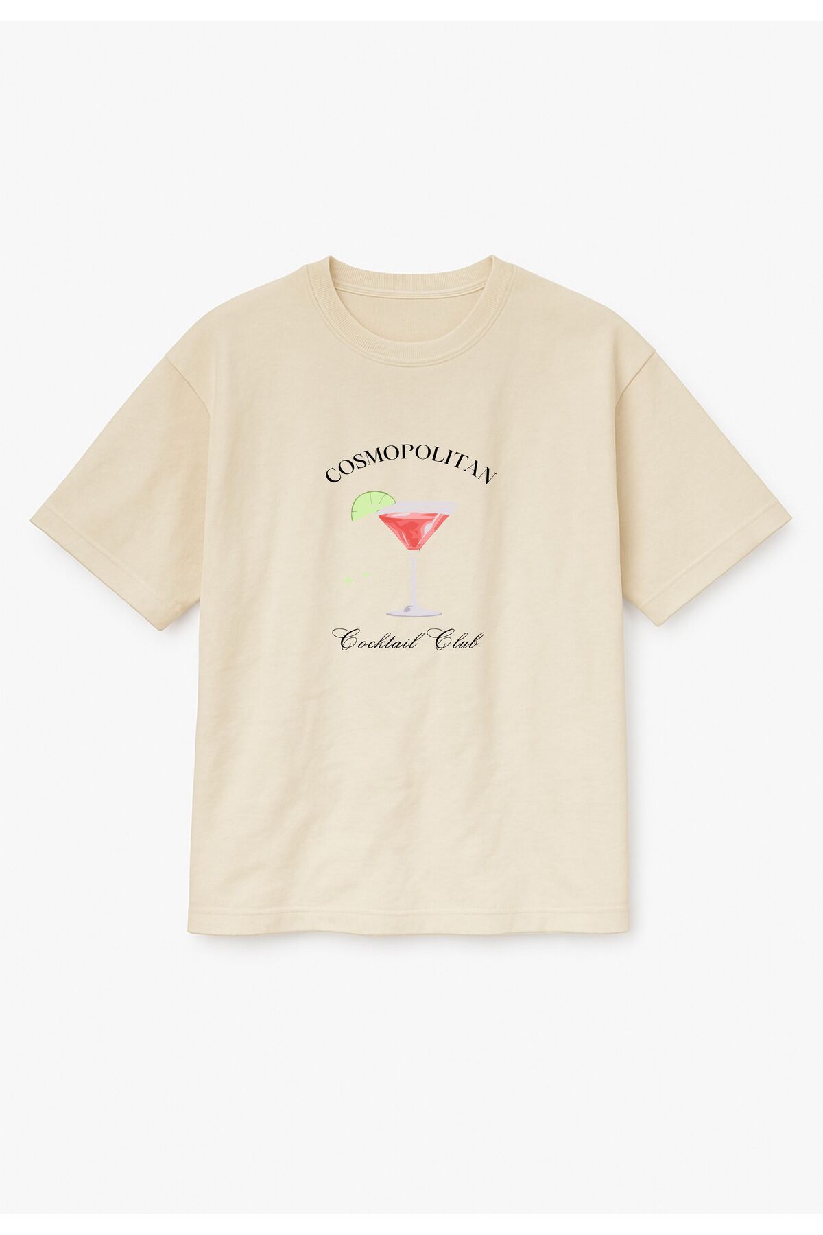 Altair Tr Bej Renk Oversize Coctail Club Cosmopolitan Kokteyl Baskılı Unisex Tişört T-Shirt