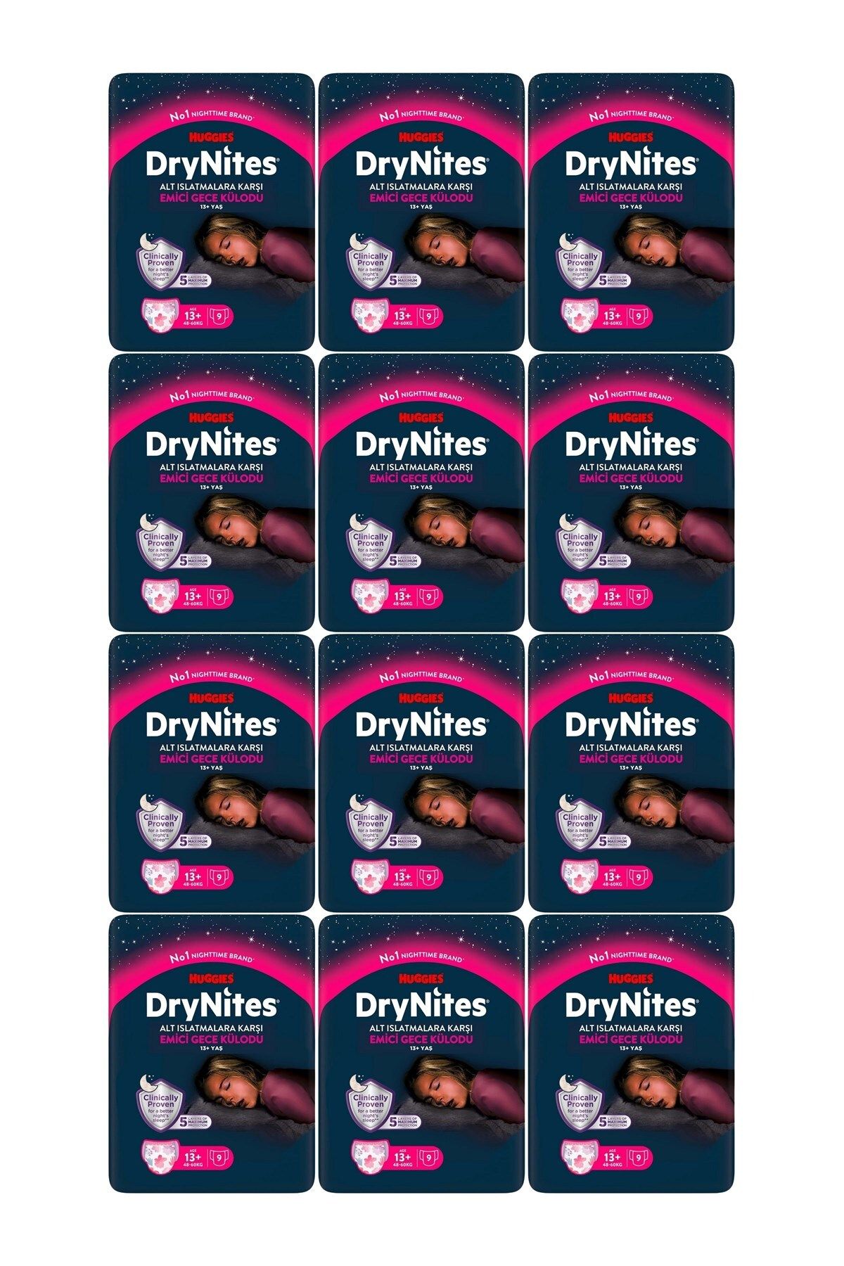 DryNites Huggies Drynites Kız Emici Gece Külodu 13+ Yaş 48-60 Kg 12 Paket(108 Adet)