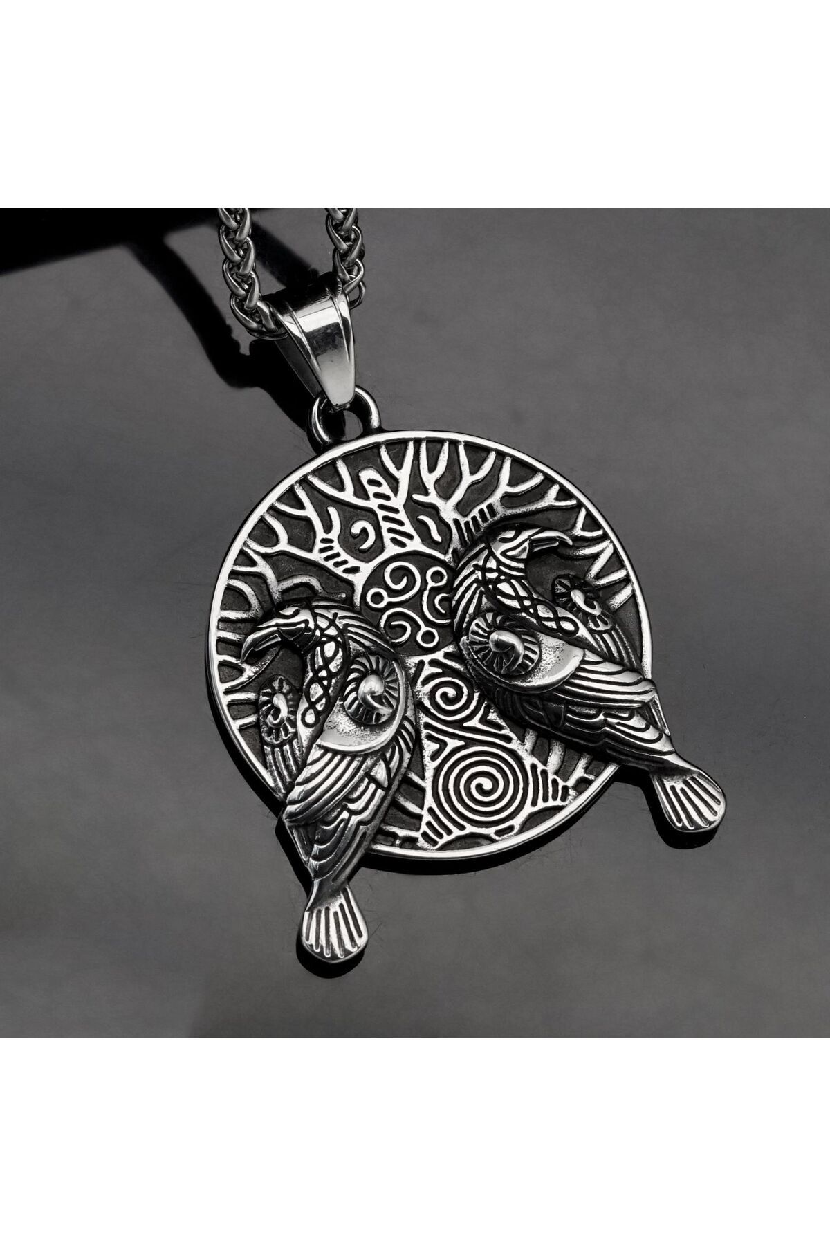 Viking Pusulası Kuzgun Runik Alfabe İskandinav Mitolojisi Çift Yüzlü Madalyon 316L Çelik Kolye