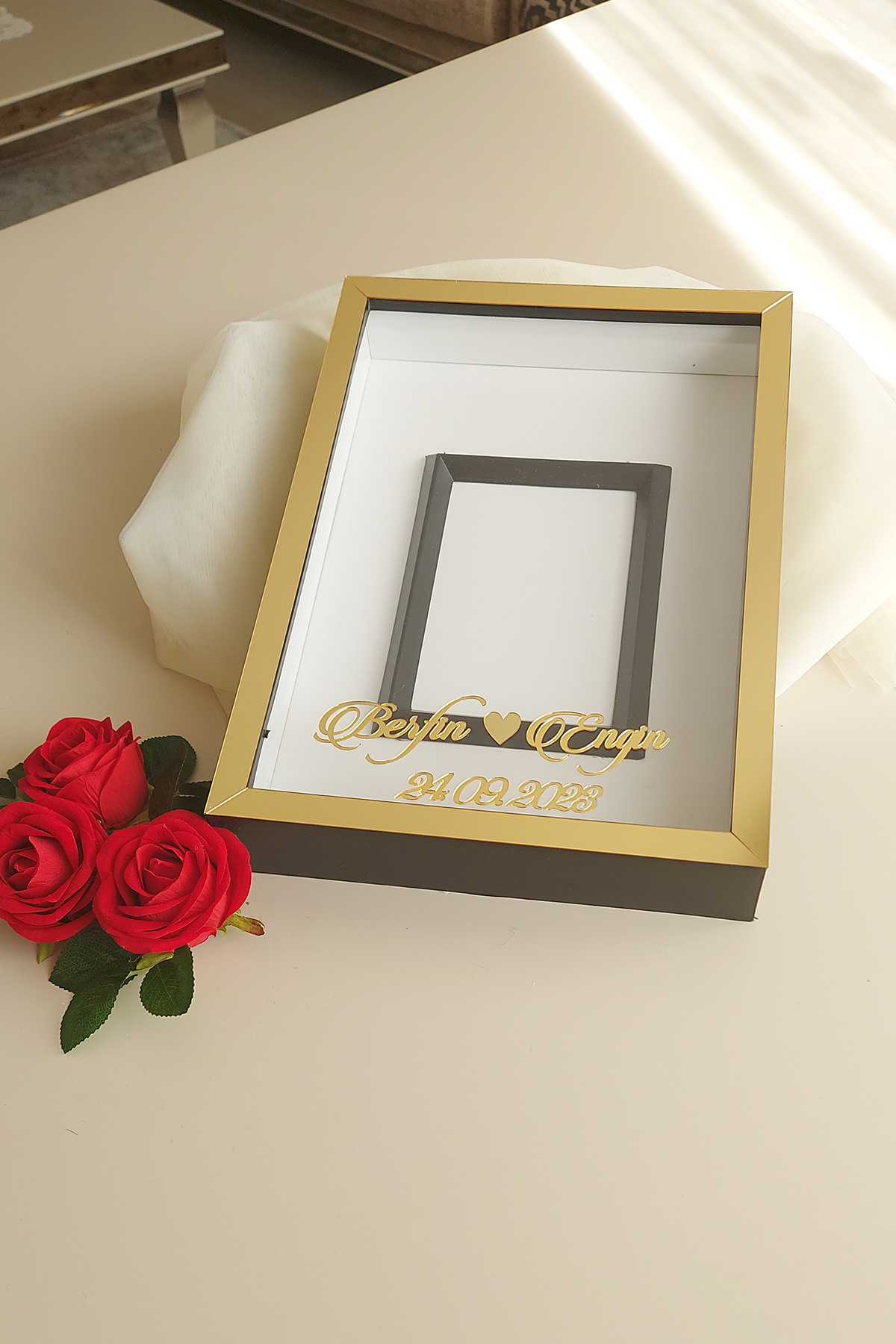 Memory Frame with 25x35 Illustrated Photo Section! Triangle Slatted Rose Boxes