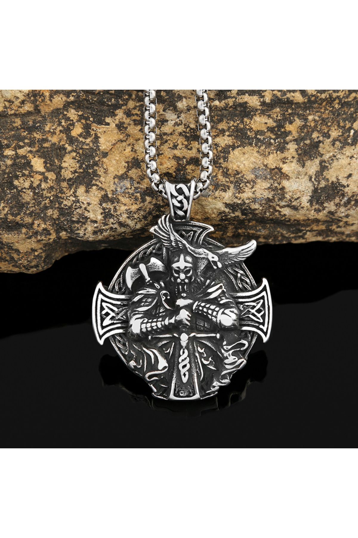 Viking Pusulası Gladiator Kuzgun İskandinav Mitolojisi Çift Yüzlü Madalyon 316L Çelik Kolye