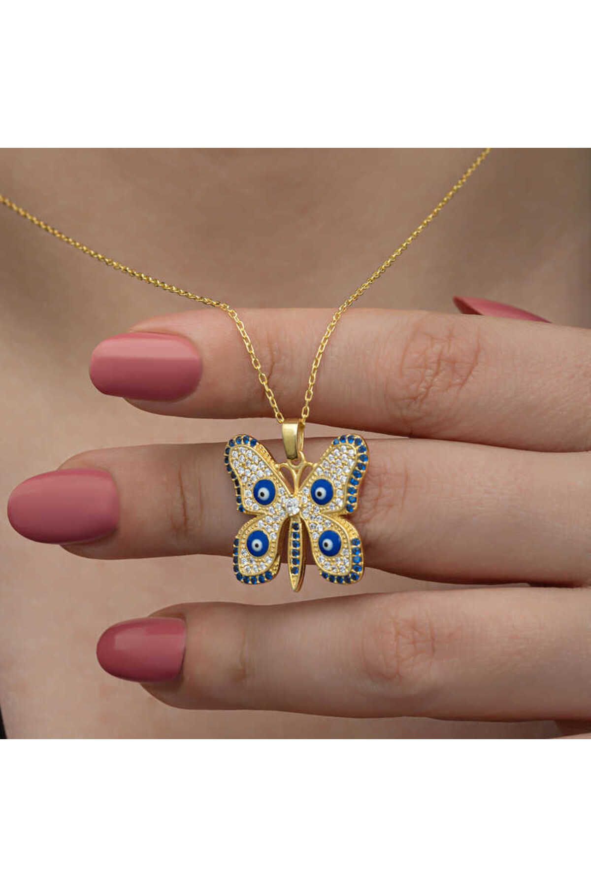 Huramarketing Gümüş Gold Nazarlı Kelebek Kadın Kolye