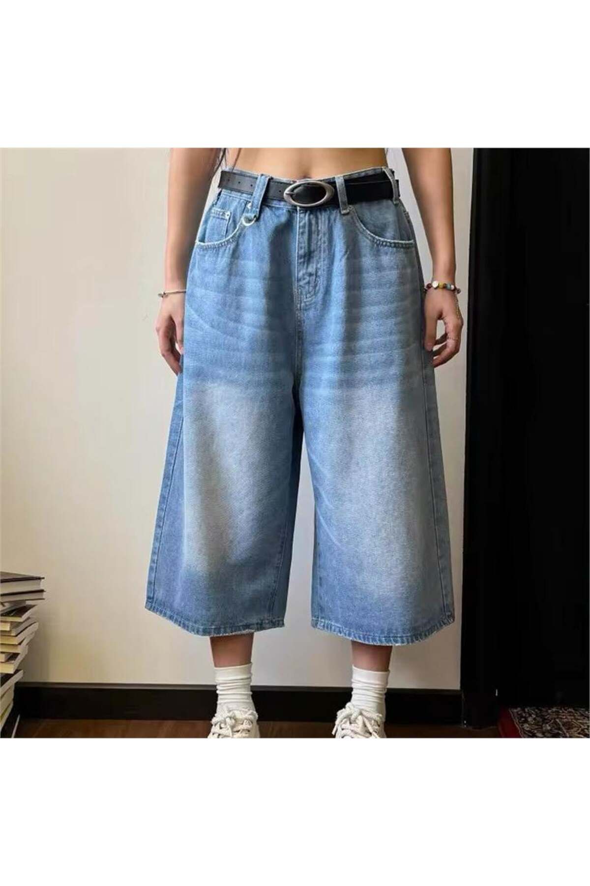 BALİNA Mavi Vintage Yıkamalı Retro Kısa Paçalı Kot Pantolon THE SOLO