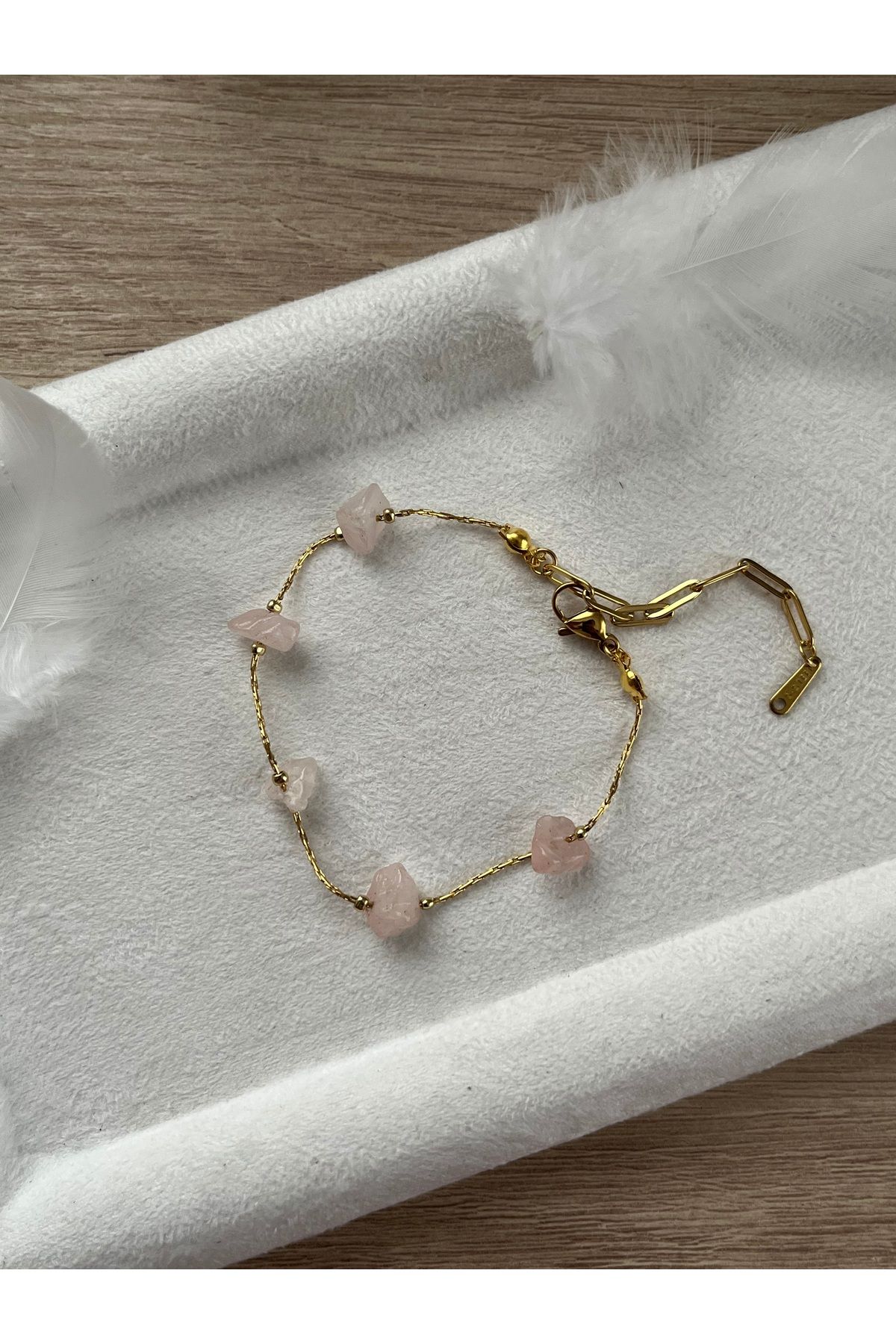 Pel Design Kırık Pembe Kuvars Çelik Bileklik El Yapımı