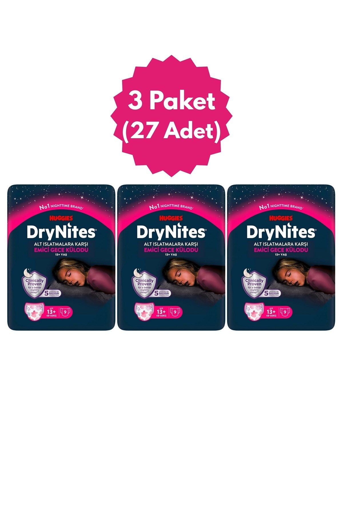 DryNites Huggies Drynites Kız Emici Gece Külodu 13+ Yaş 48-60 Kg 3 Paket(27 Adet)
