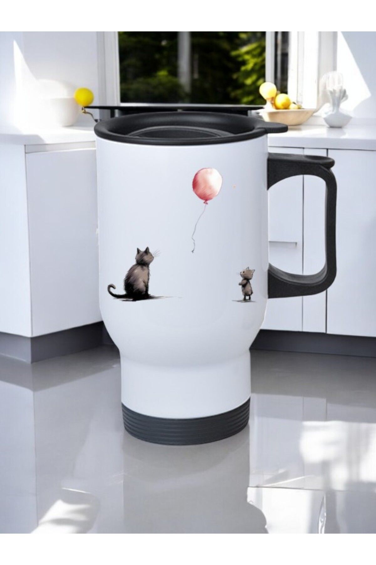 lili hediyelik Kediler ve Balon Baskılı Kulplu Çelik Bardak Termos 450 ml