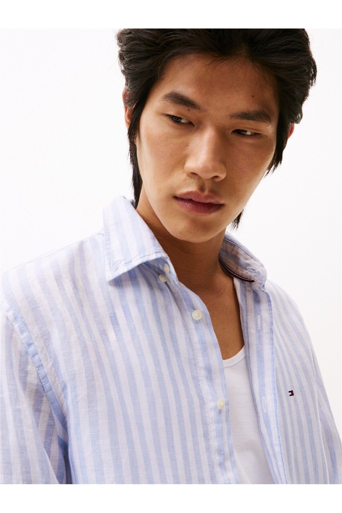 Tommy Hilfiger LINEN ESSENTIAL STRIPE RF SHIRT Erkek Mavi Gömlek - MW0MW38581