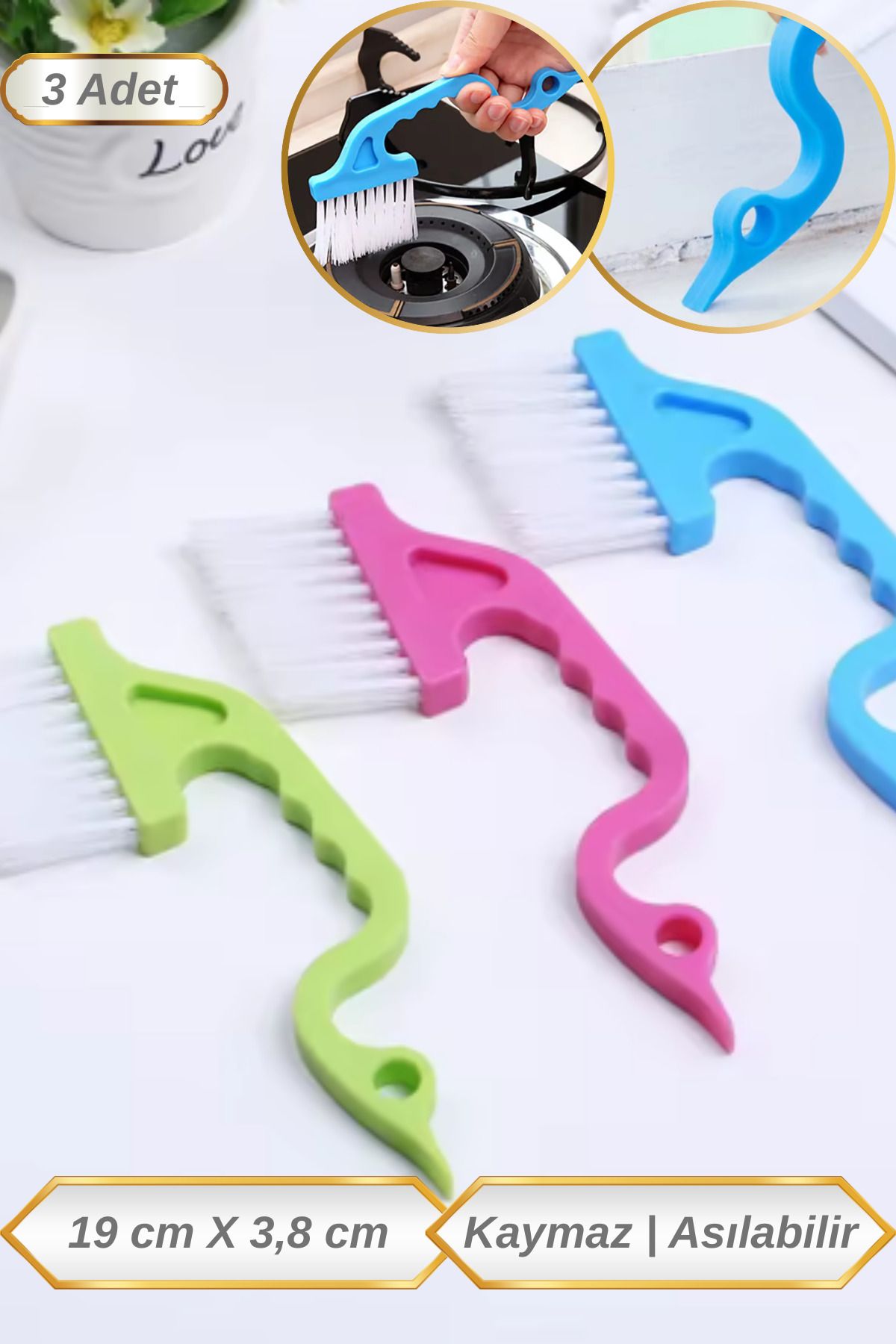 Hane Dostu 3 Adet 19 Cm Ergonomik Tasarım | Kaymaz Sap Asılabilir Kenar Temizleme Fırçası | Kazıma Fırçası