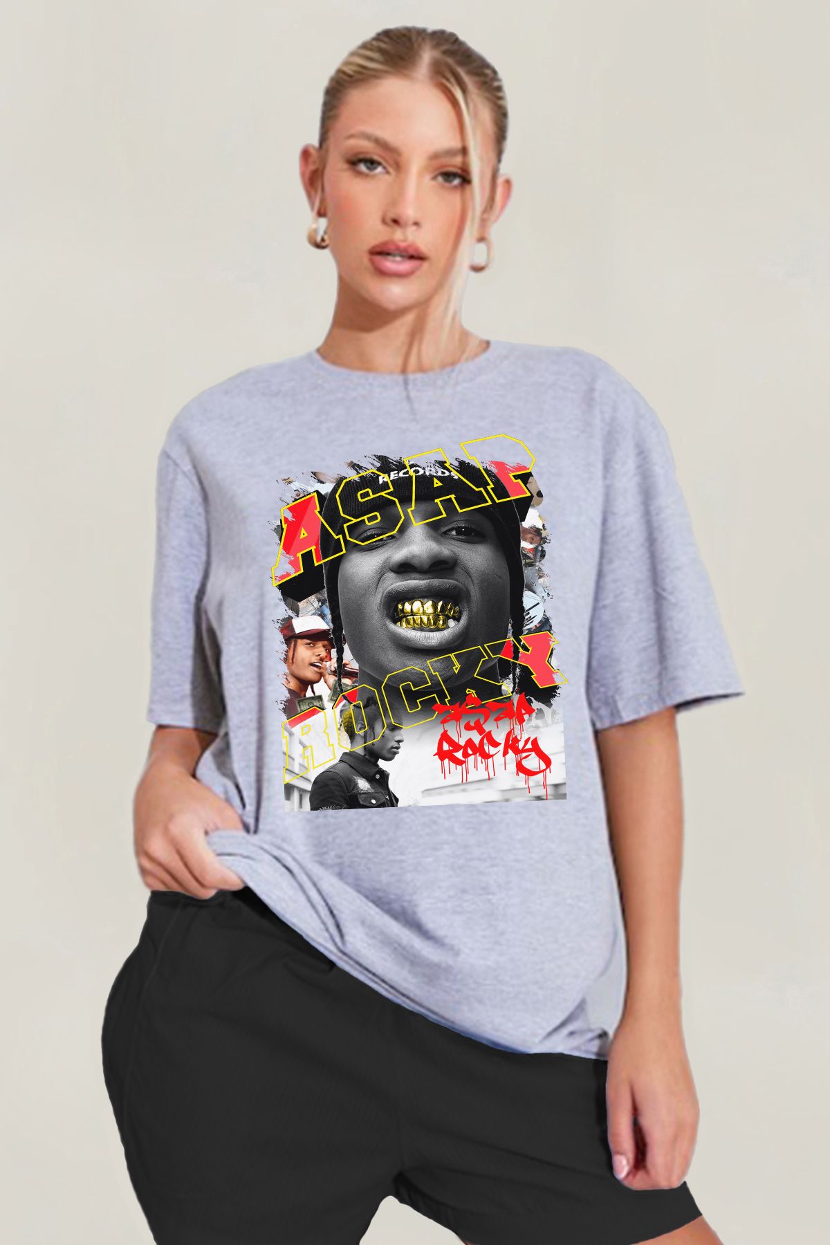 MODA Asap Rocky Baskılı Oversize Kalıp Grimelanj Geniş Bol Kesim Kadın Tişört