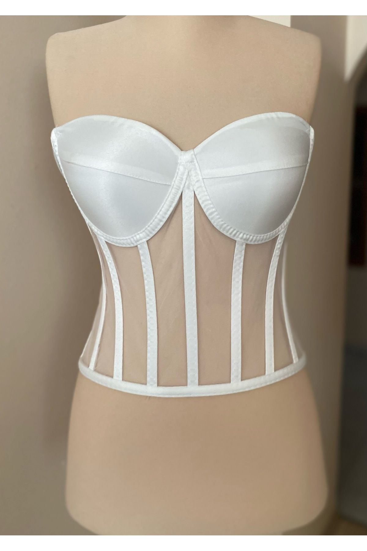 MODA Ekru Transparan Balenli Korse Hazır Beden Büstiyer Gelinlik Nişanlık